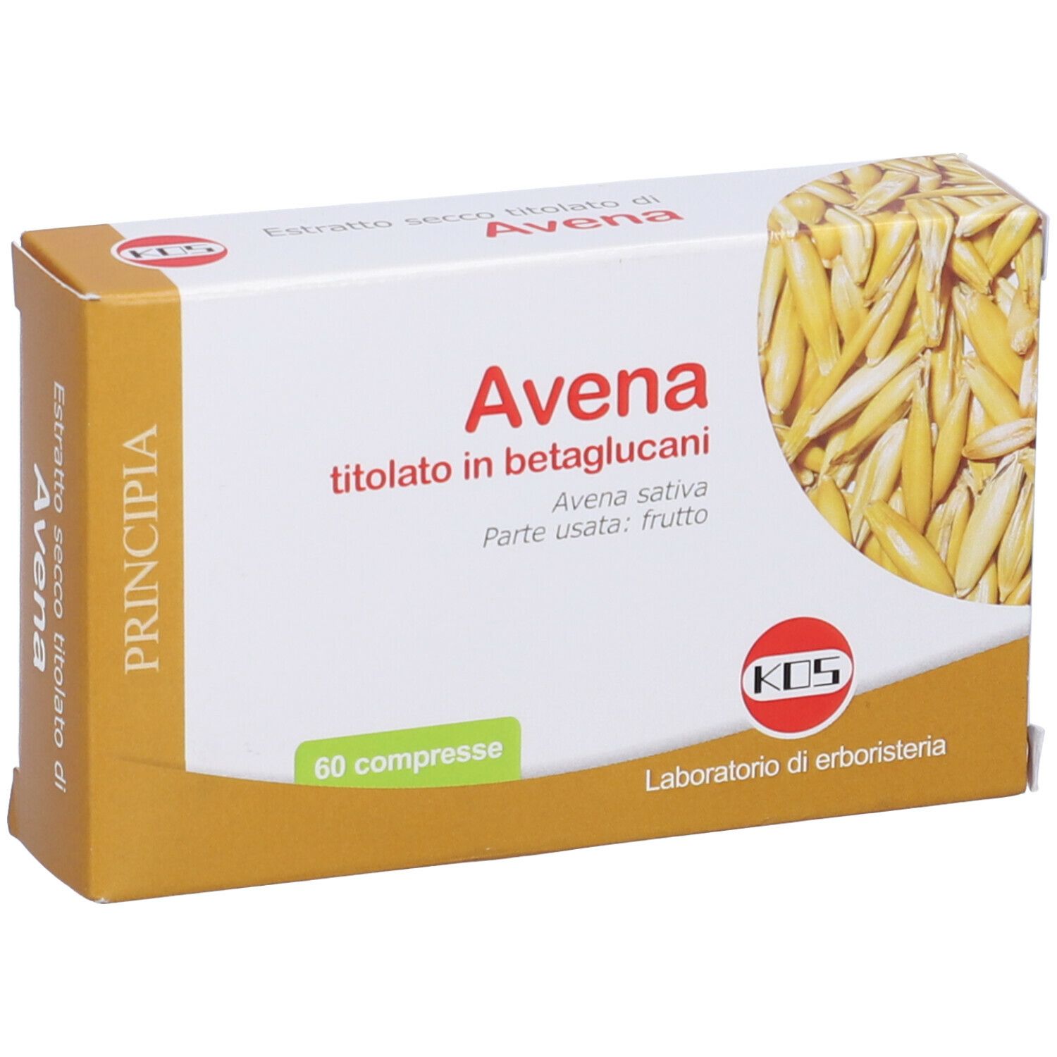 Scatola con stampa del prodotto. Scritta: Avena titolato in betaglucani, 60 compresse. Logo KOS.