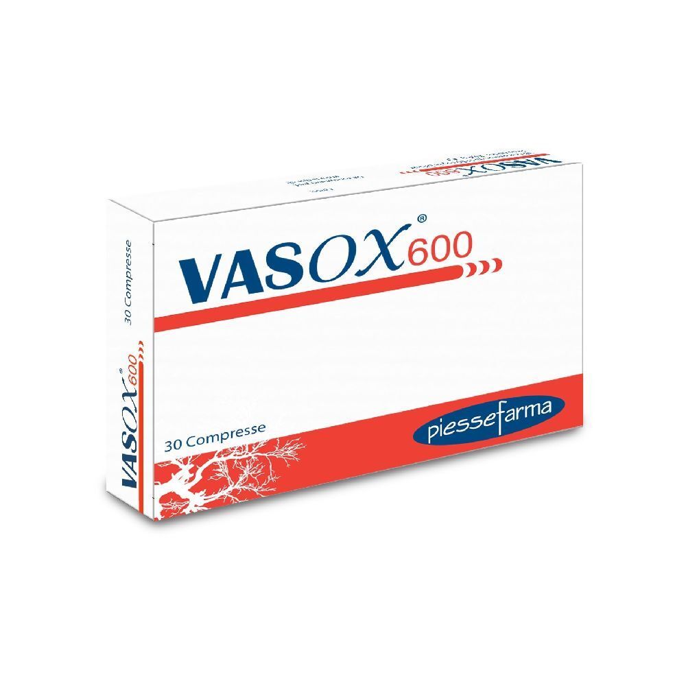 Scatola "VASOX 600" con "30 Compresse". Confezione rossa e bianca con logo.