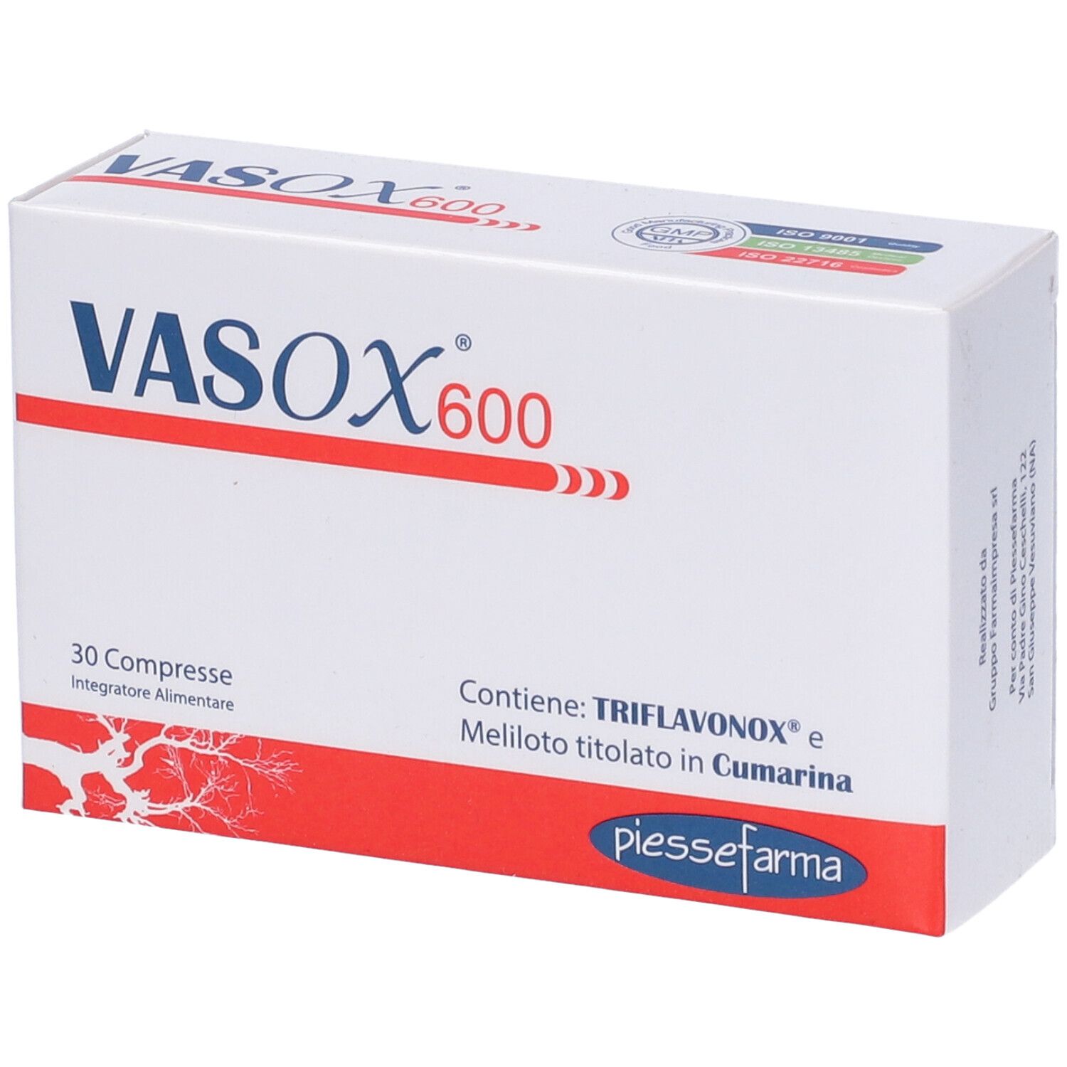 Scatola "VASOX 600" con "30 Compresse". Contiene Triflavonox e Melilotus. Confezione rossa e bianca.
