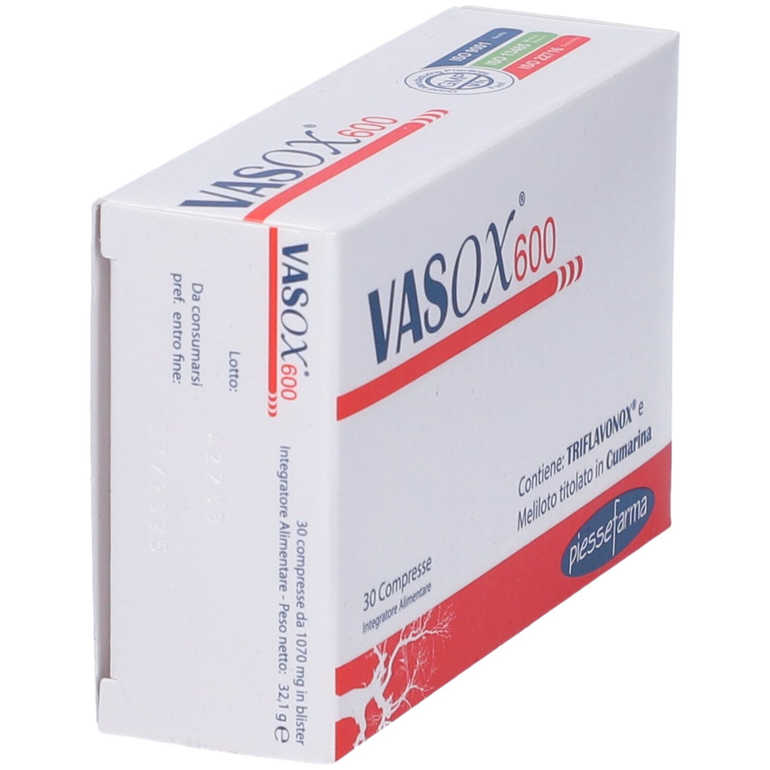 Scatola "VASOX 600" con "30 Compresse". Contiene Triflavonox e Melilotus. Confezione rossa e bianca.