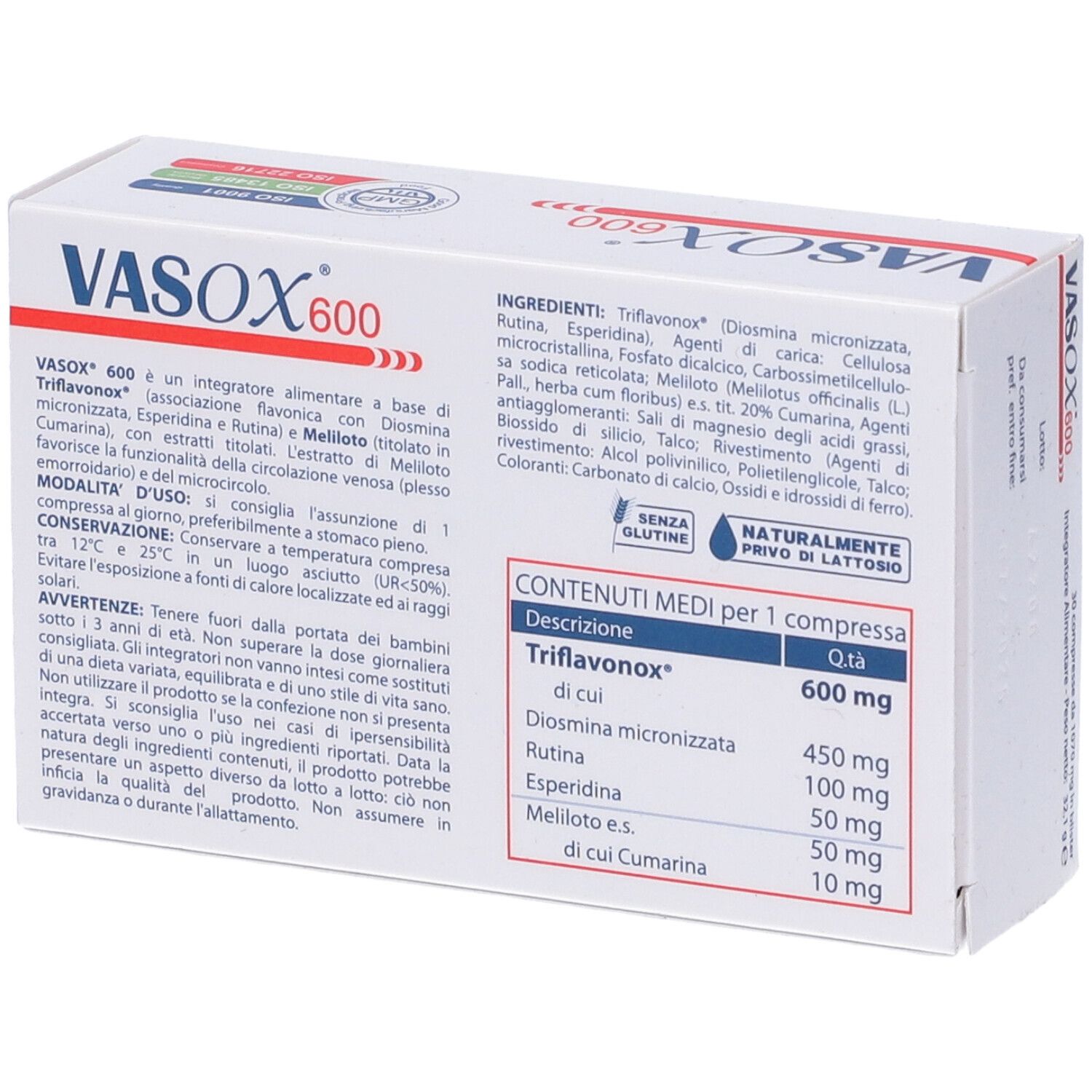 Scatola "VASOX 600" con informazioni. Contiene Triflavonox, Diosmina, Rutina, Esperidina, Meliloto.