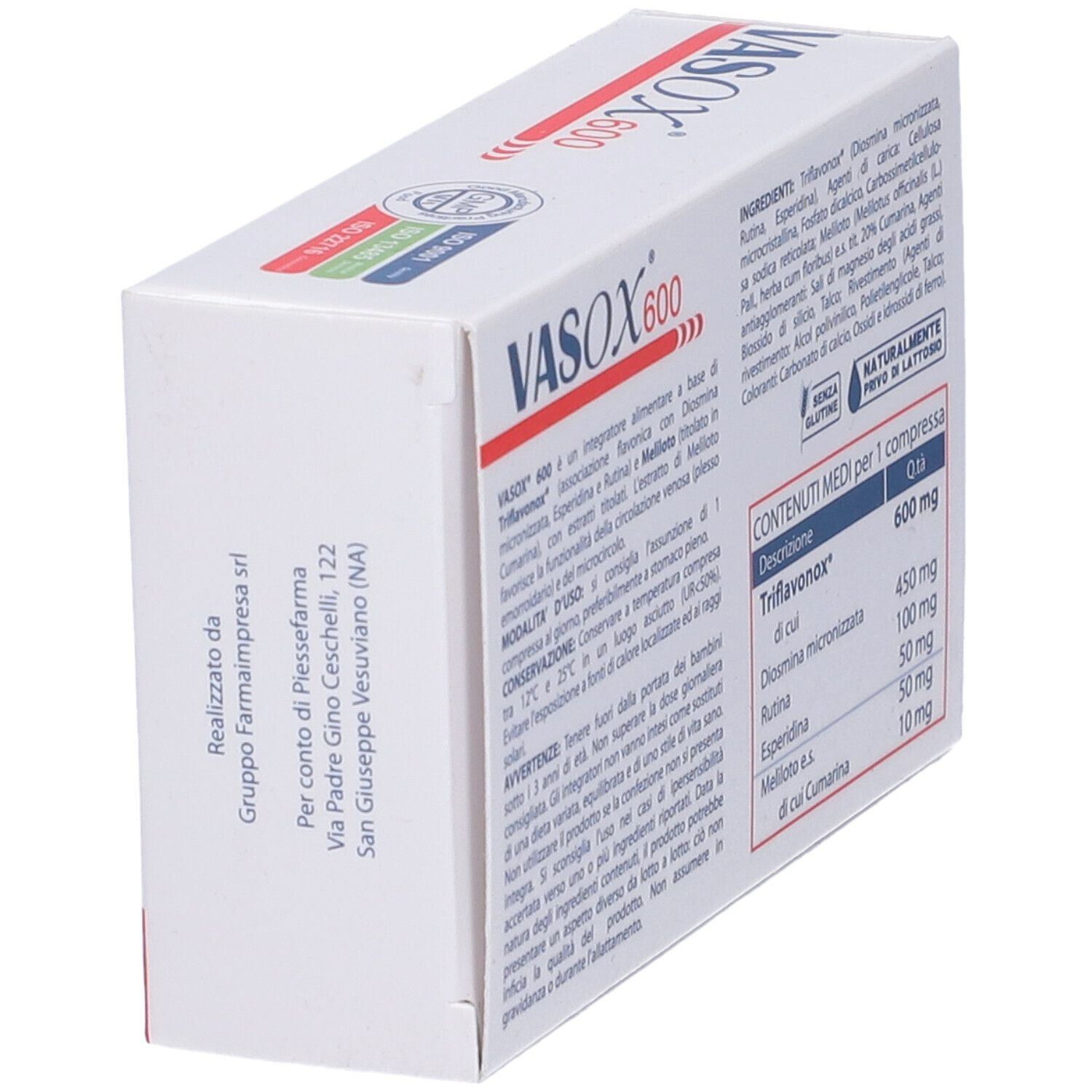 Scatola "VASOX 600" con informazioni. Contiene Triflavonox, Diosmina, Rutina, Esperidina, Meliloto.