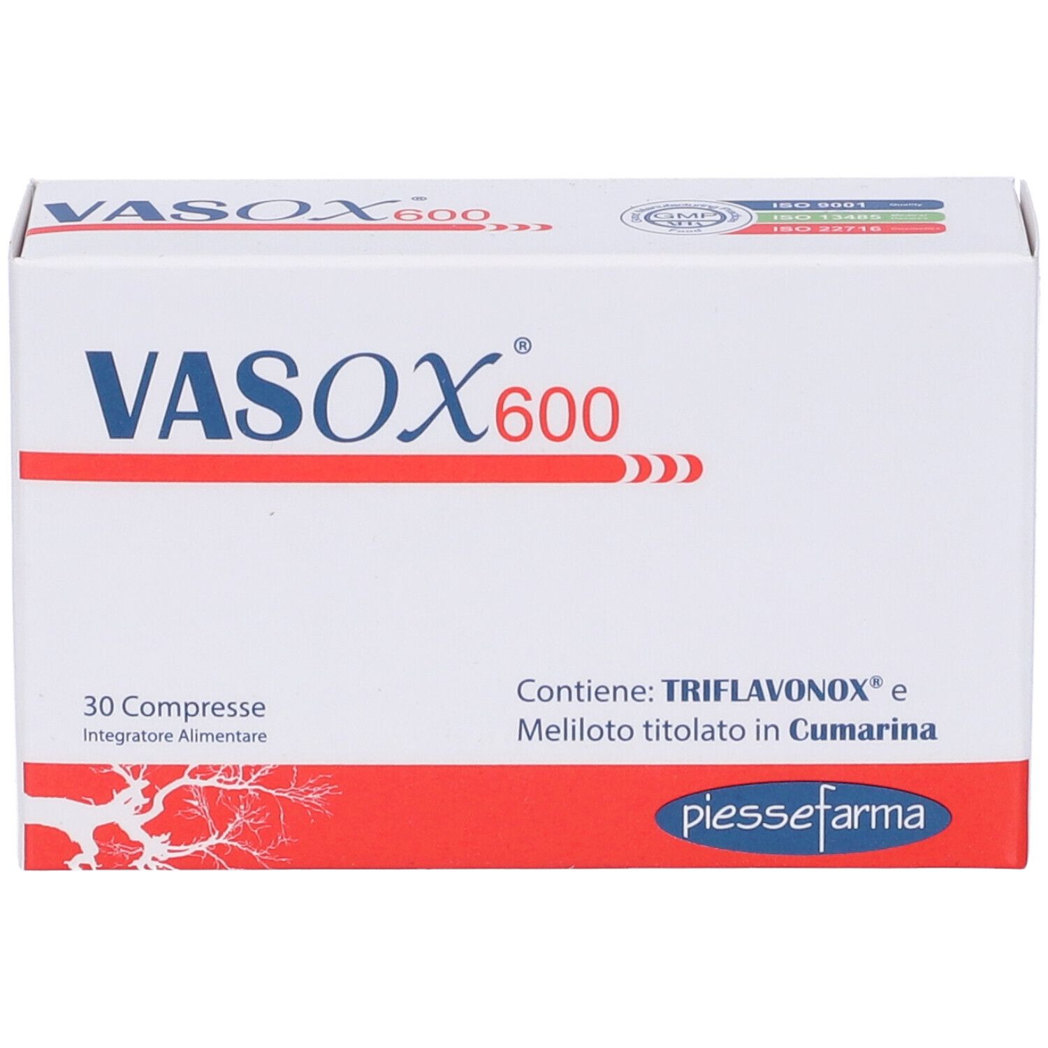 Scatola "VASOX 600" con "30 Compresse". Contiene Triflavonox e Melilotus. Confezione rossa e bianca.
