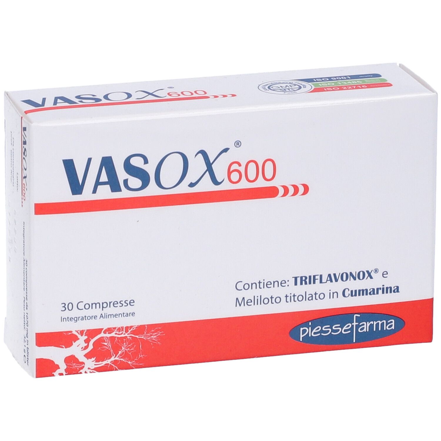 Scatola "VASOX 600" con "30 Compresse". Contiene Triflavonox e Melilotus. Confezione rossa e bianca.