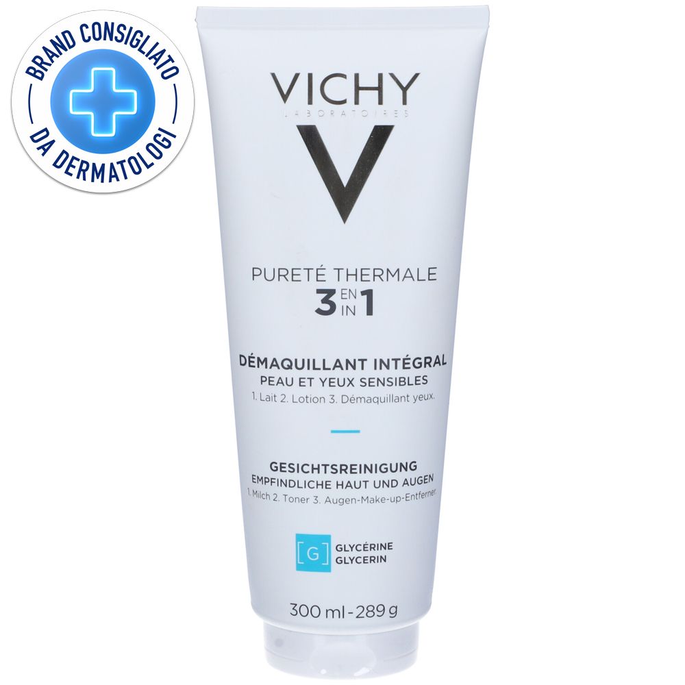 Tubo bianco con nome e logo del prodotto. Testo: 3 in 1 Démaquillant intégral, pelli sensibili. Sigillo: Brand Consigliato da Dermatologi.