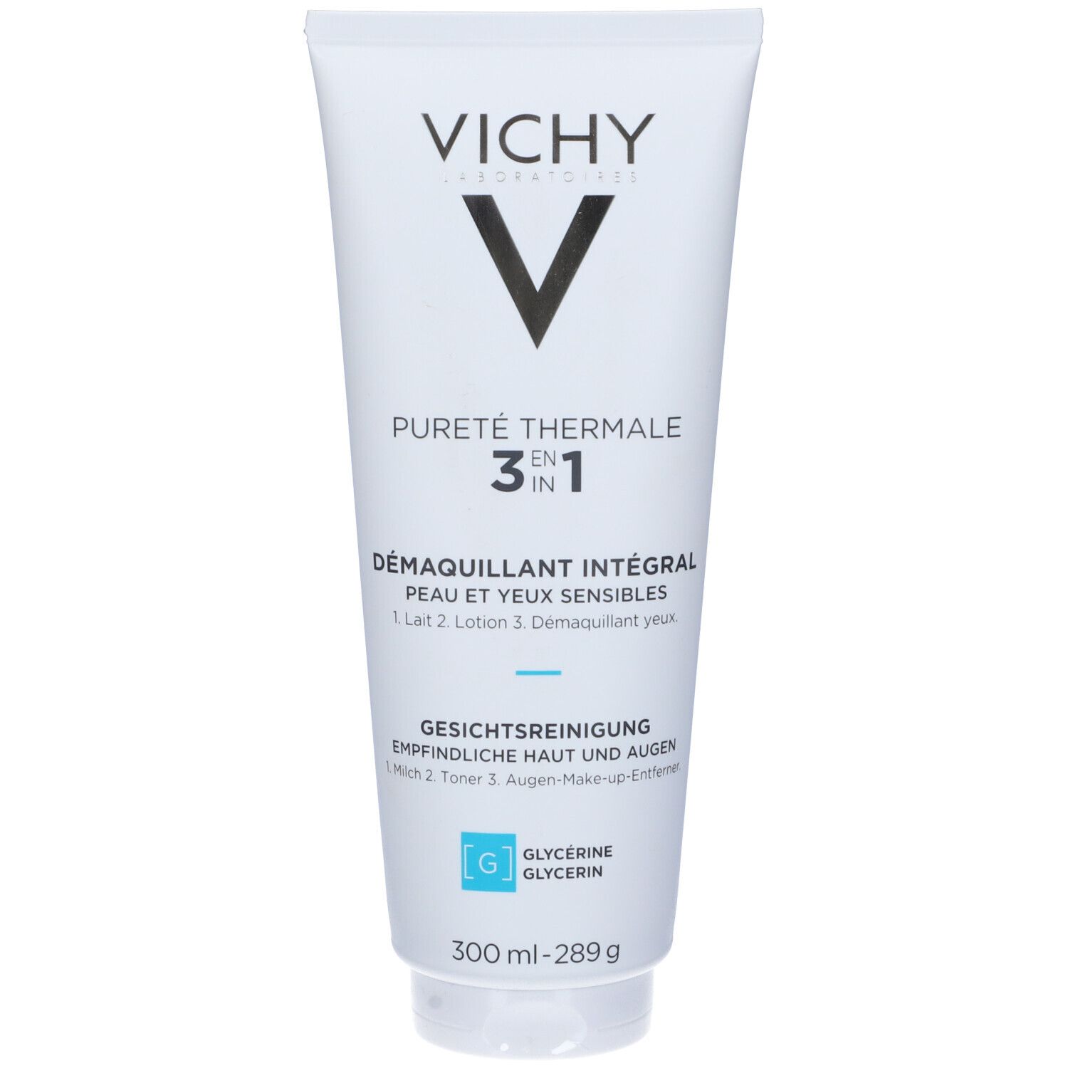 Tubo bianco con nome e logo del prodotto. Testo: 3 in 1 Démaquillant intégral, pelli sensibili. Contiene glicerina. Volume: 300 ml.