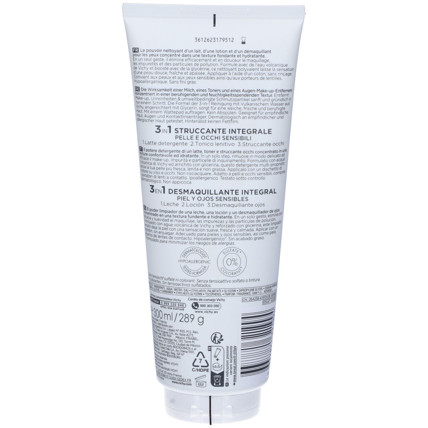 Retro di un tubo bianco. Testo multilingue. Contiene informazioni sull'uso e sugli ingredienti. Volume: 300 ml.
