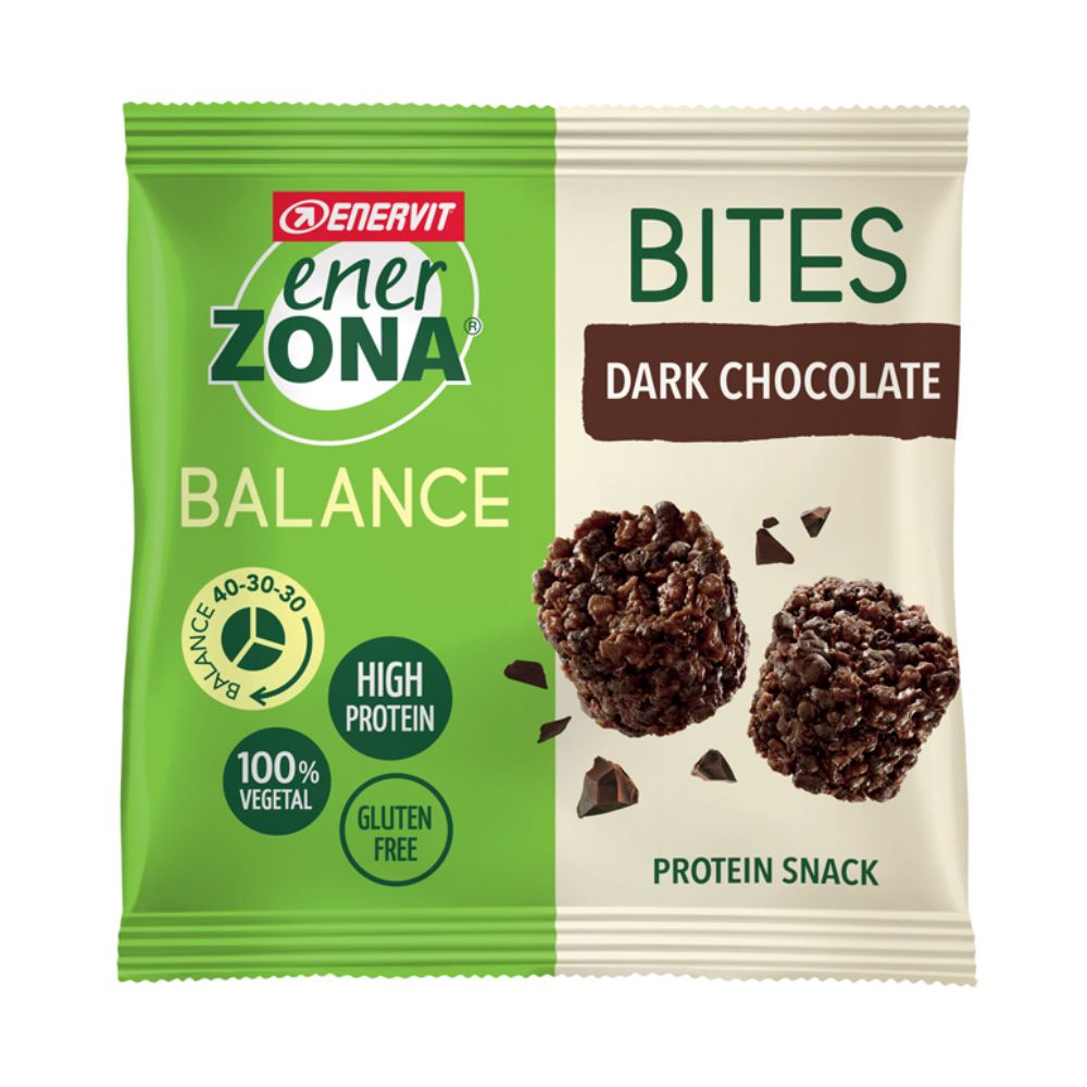 Verpackung von EnerZona Bites Zartbitterschokolade. Grün-weiße Tüte mit Produktabbildung und Text: 'Bites Dark Chocolate'.