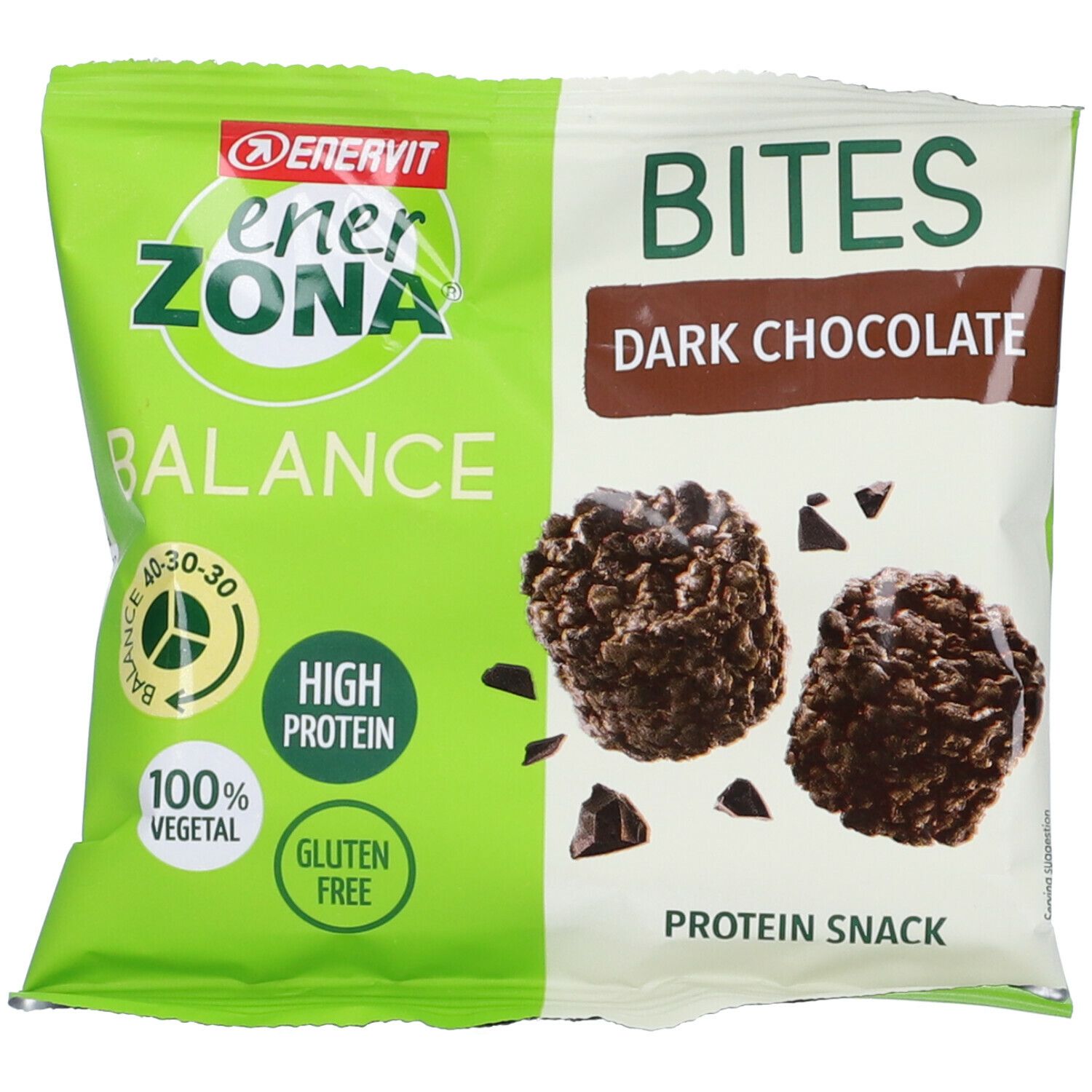 Verpackung von EnerZona Bites Zartbitterschokolade. Grün-weiße Tüte mit Produktabbildung und Text: 'Bites Dark Chocolate'.