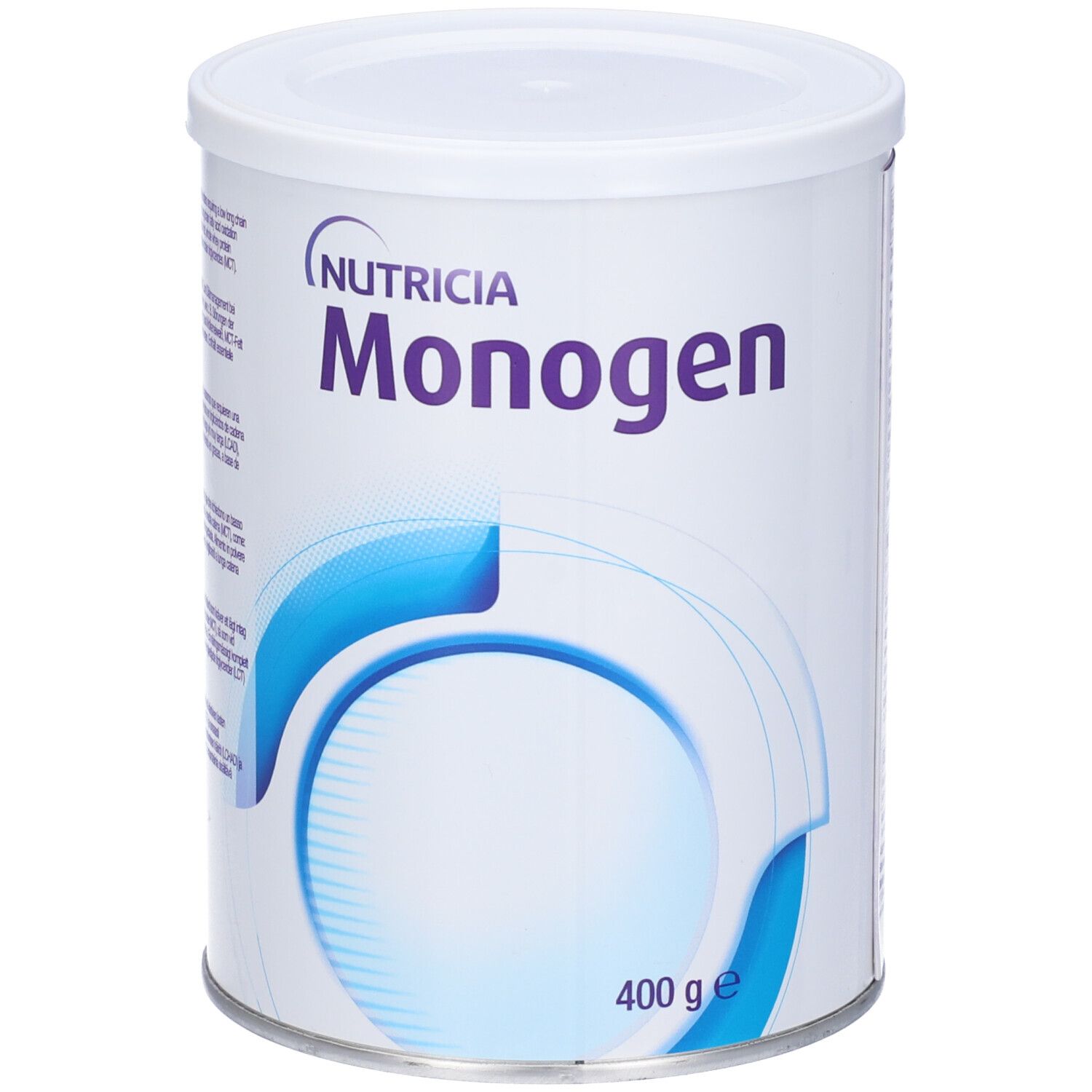 Polvere Monogen bianca in lattina. Scritta: Nutricia, Monogen, 400 g.