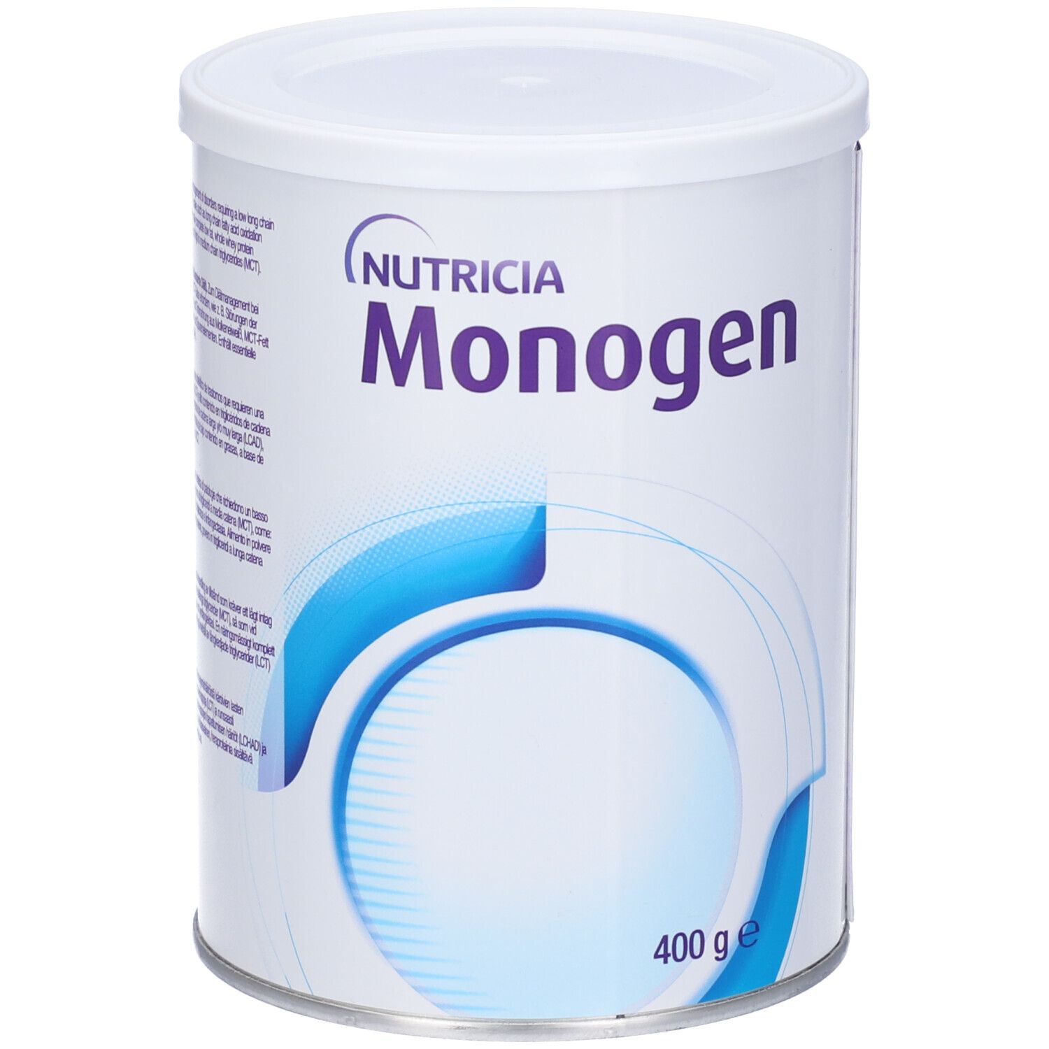 Polvere Monogen bianca in lattina. Scritta: Nutricia, Monogen, 400 g.