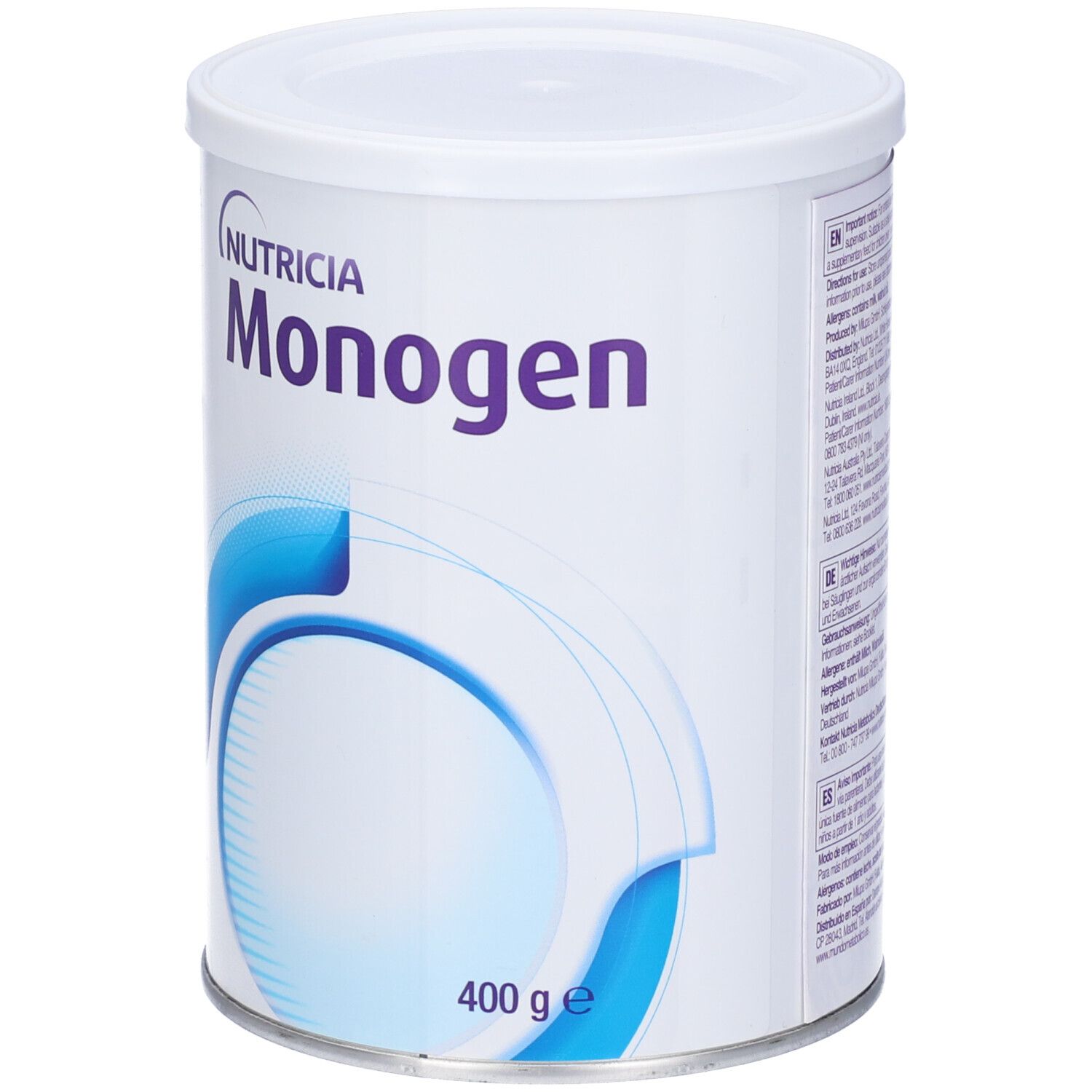 Polvere Monogen bianca in lattina. Scritta: Nutricia, Monogen, 400 g.