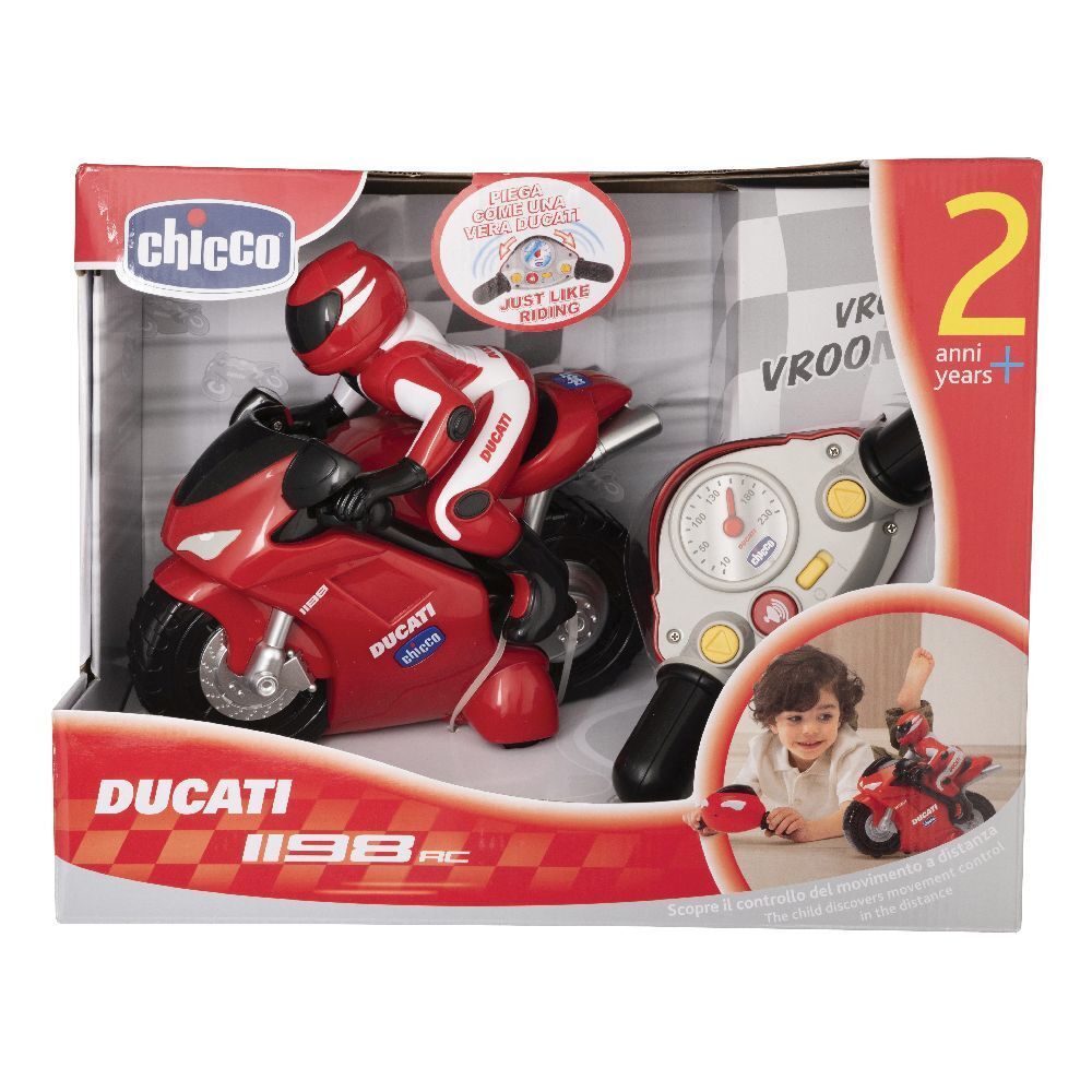 Moto radiocomandata rossa Ducati 1198 RC Chicco. Include pilota, telecomando e confezione. Adatta dai 2 anni.