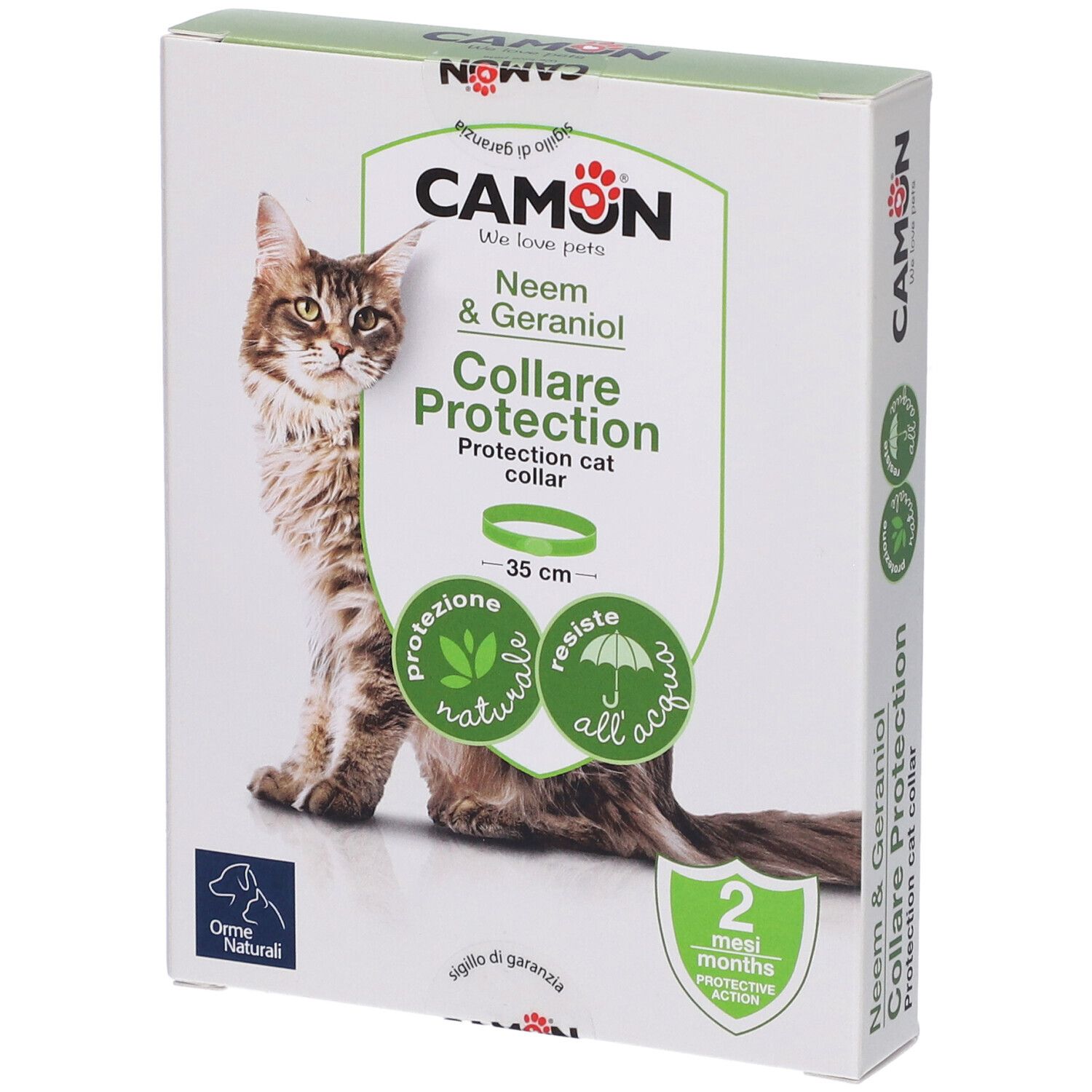 Confezione collare per gatti CAMON. Scritta: Neem & Geraniol, Collare Protection, 35 cm, 2 mesi di protezione.