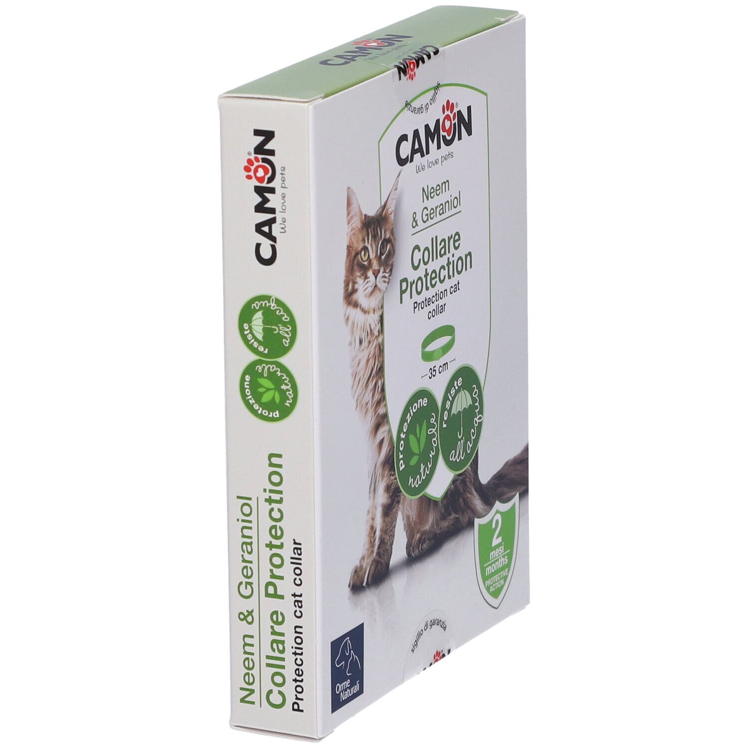 Vista angolata della confezione collare per gatti. Marchio CAMON. Scritta: Neem & Geraniol, Collare Protection.