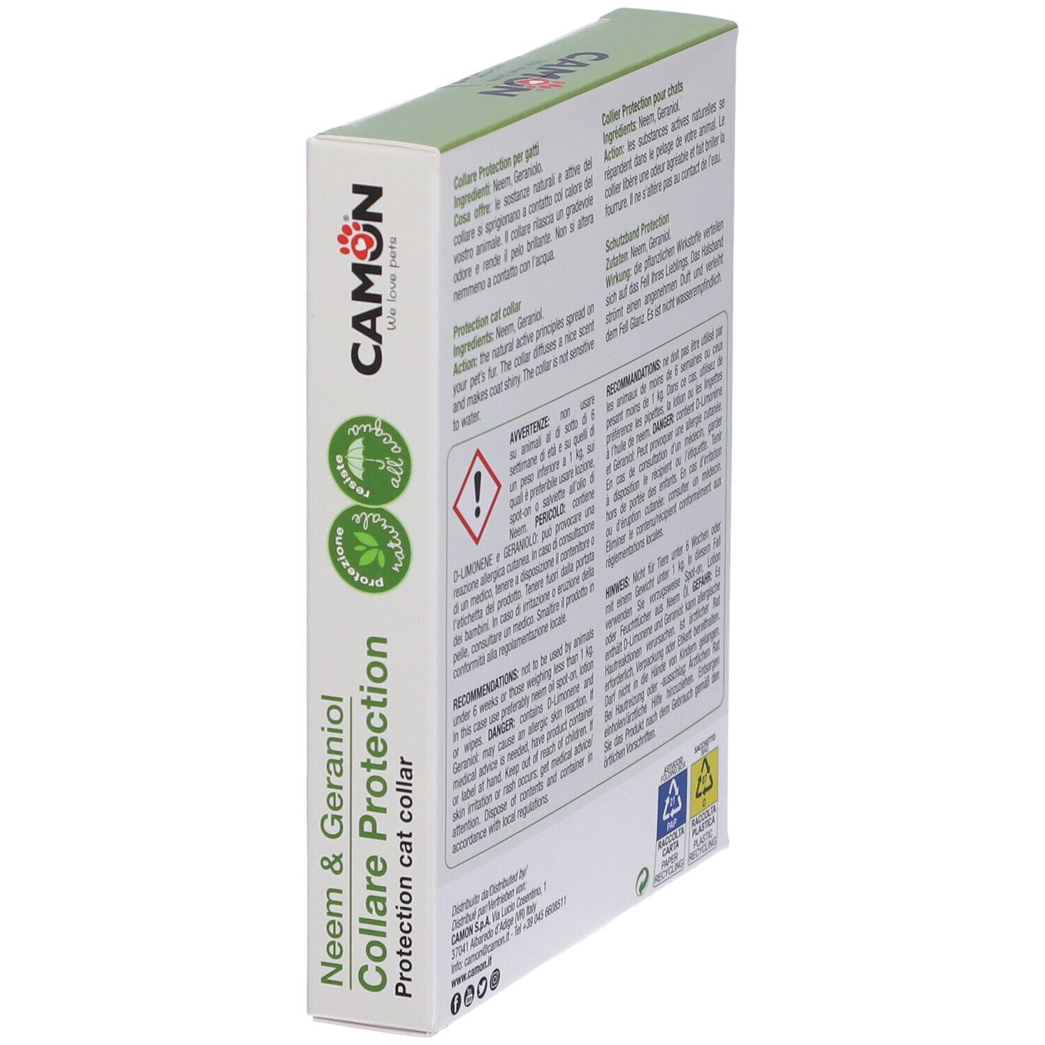 Vista angolata della confezione collare per gatti. Marchio CAMON. Scritta: Neem & Geraniol, Collare Protection.