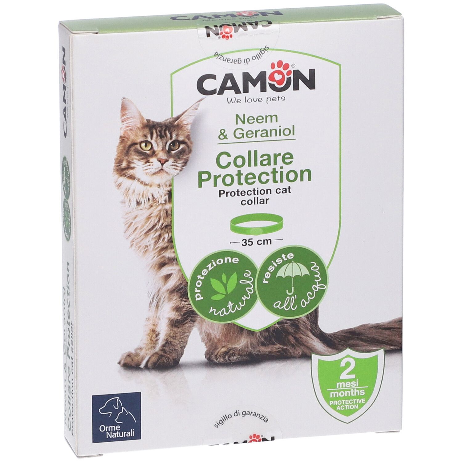 Confezione collare per gatti CAMON. Scritta: Neem & Geraniol, Collare Protection, 35 cm, 2 mesi di protezione.