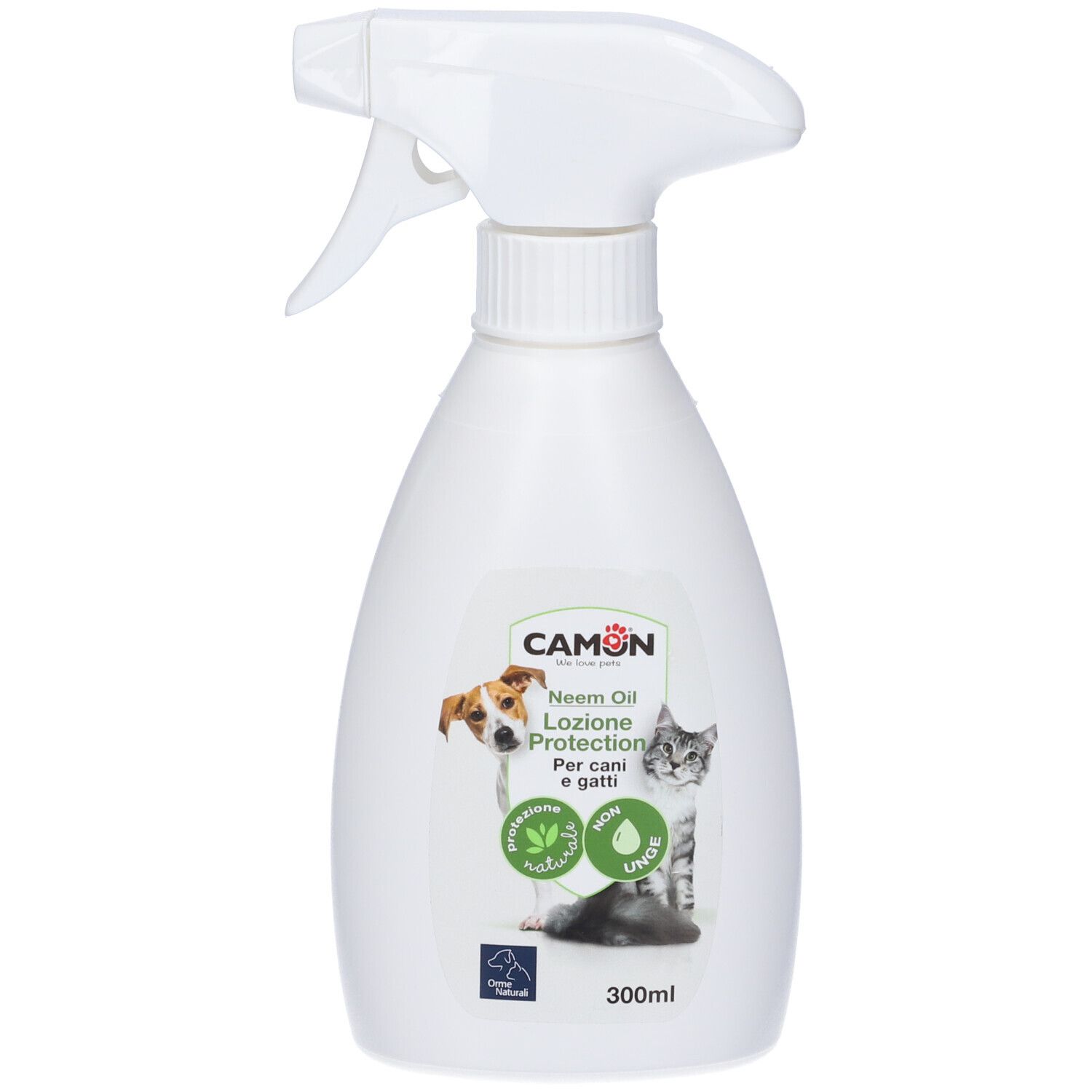 Weiße Sprühflasche mit CAMON-Logo, Abbildung von Hund und Katze. Text: Neem Oil Lozione Protection. 300ml.