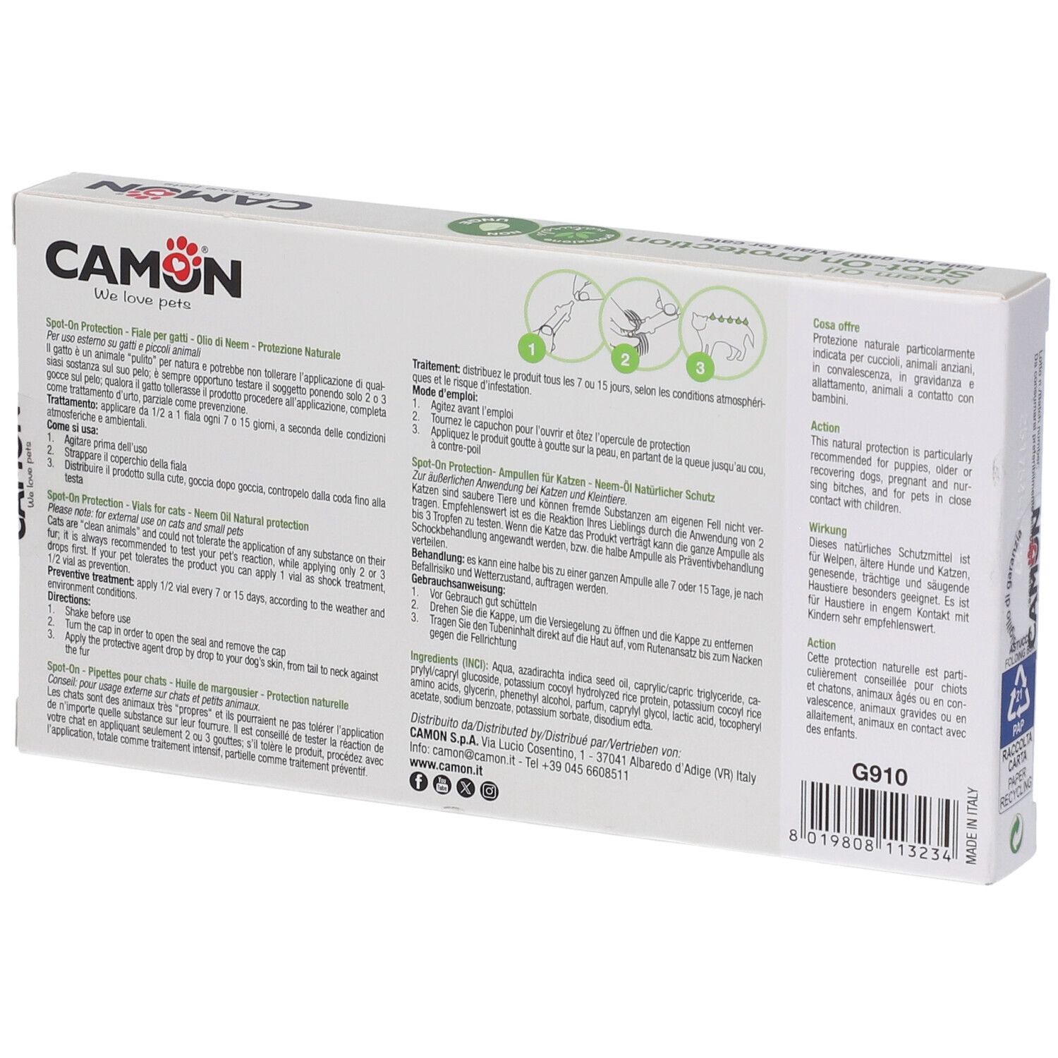 Camon Neem Oil Spot-On Protection für Katzen, Rückseite der Packung.
