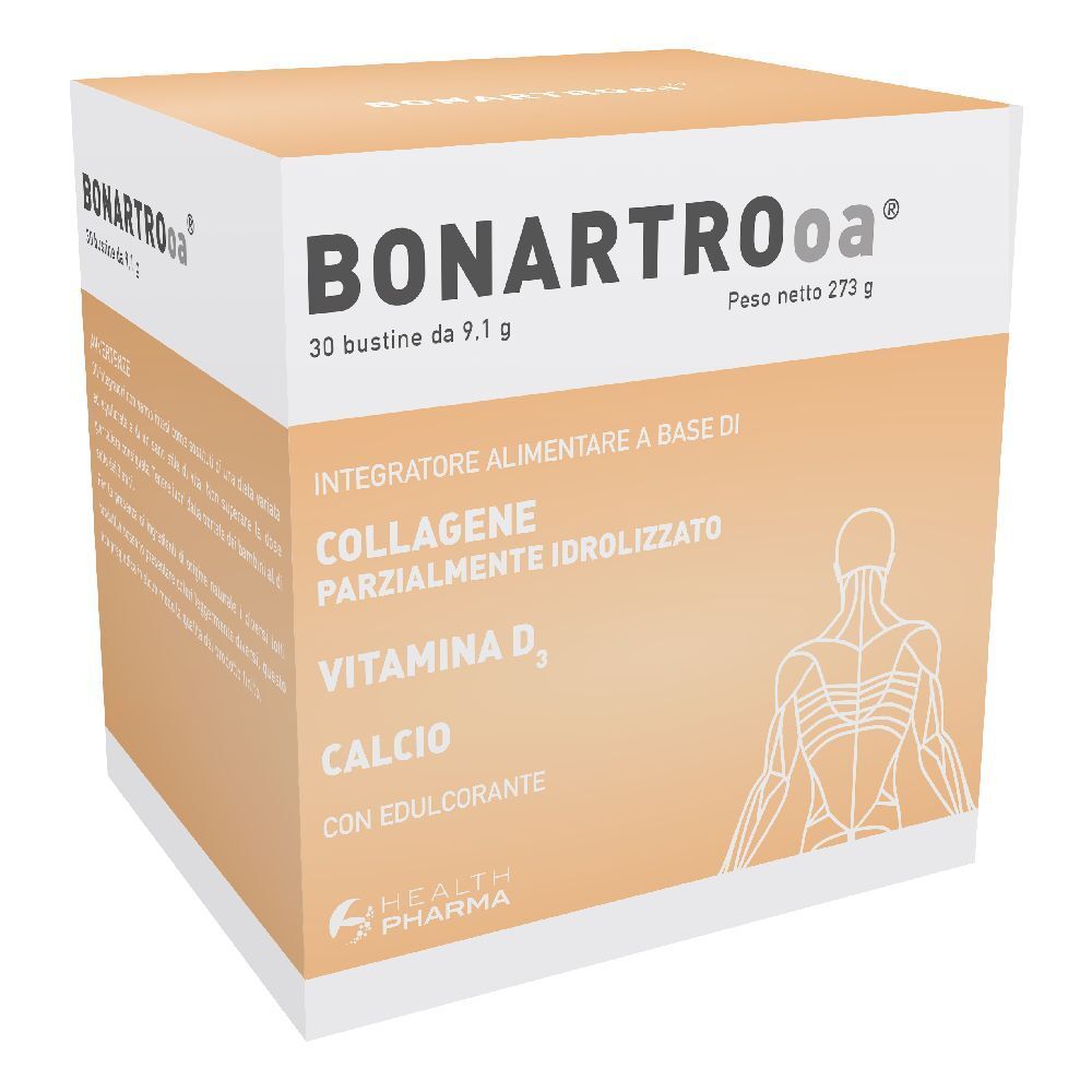 Scatola BONARTROoa® con 30 bustine. Scritte: COLLAGENE, VITAMINA D3, CALCIO. Logo sanitario.