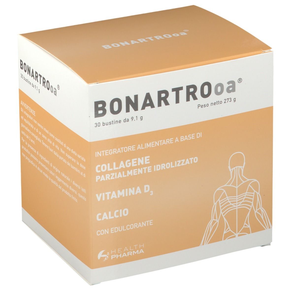 Scatola BONARTROoa® con 30 bustine. Scritte: COLLAGENE, VITAMINA D3, CALCIO. Logo sanitario.