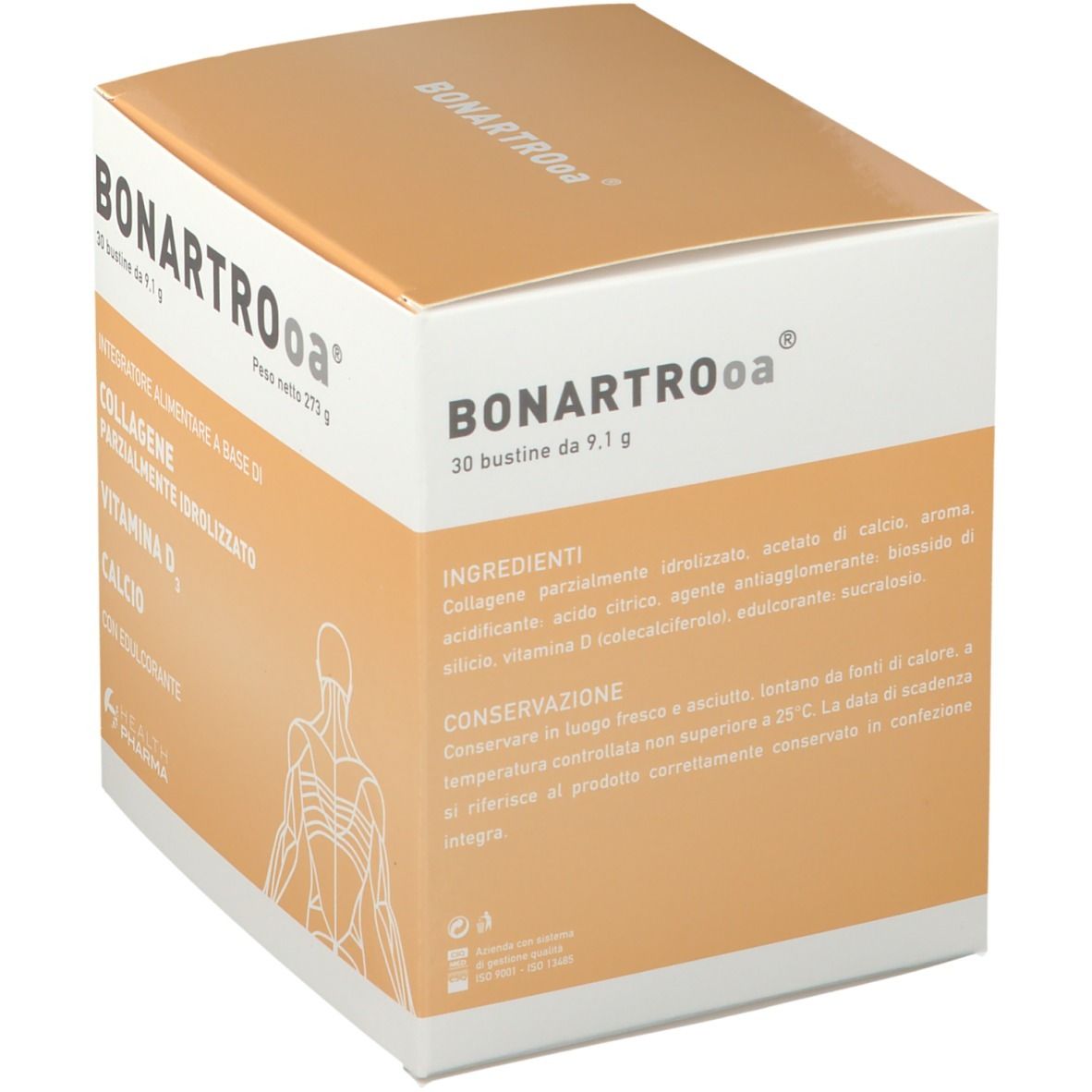Scatola BONARTROoa® con 30 bustine. Scritte: COLLAGENE, VITAMINA D3, CALCIO. Logo sanitario.