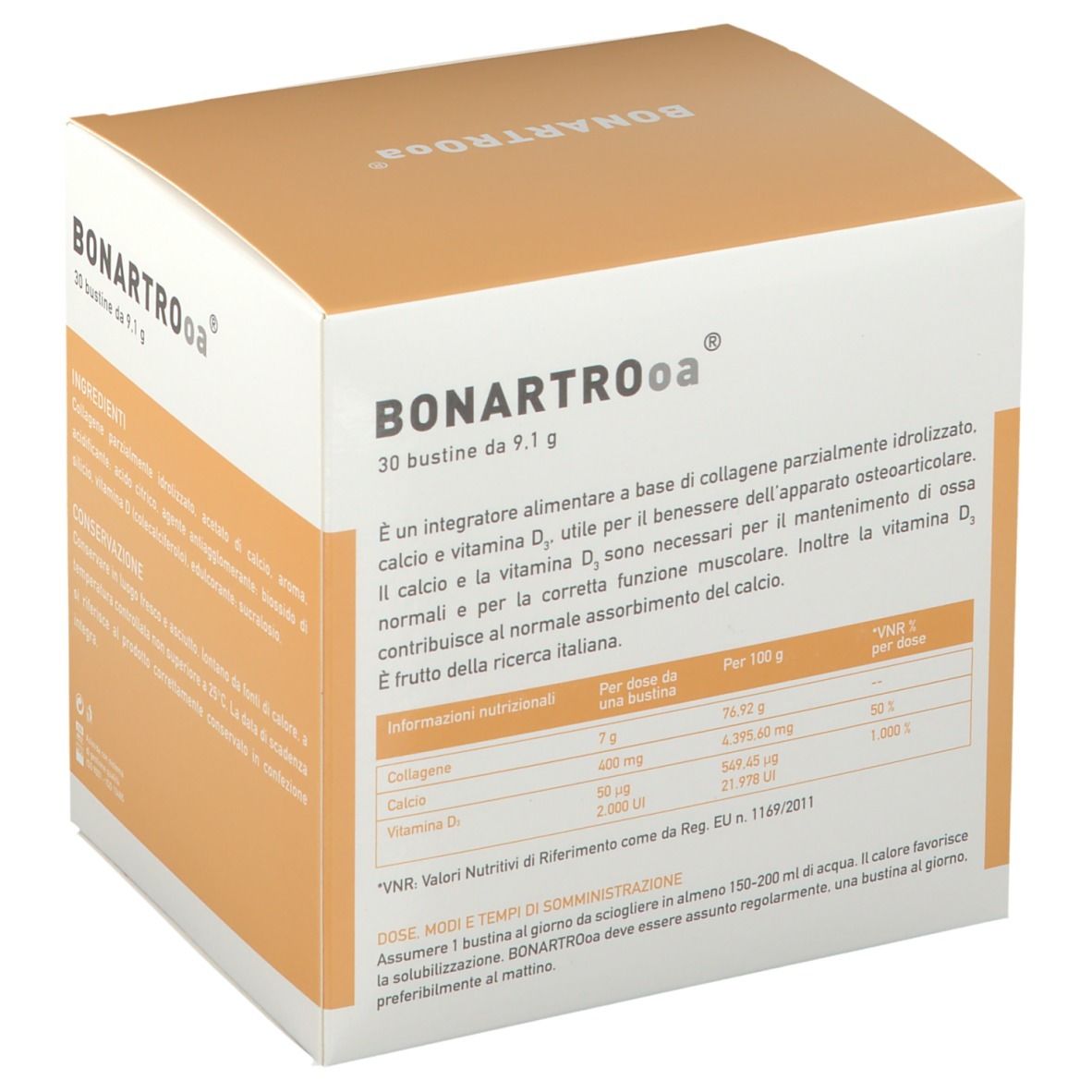 Scatola BONARTROoa® con 30 bustine. Scritte: COLLAGENE, VITAMINA D3, CALCIO. Logo sanitario.