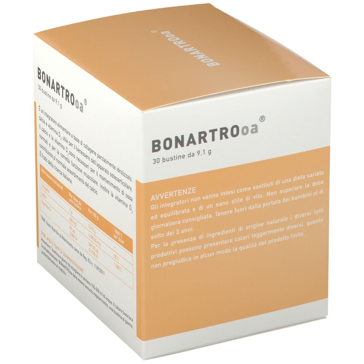 Scatola BONARTROoa® con 30 bustine. Scritte: COLLAGENE, VITAMINA D3, CALCIO. Logo sanitario.