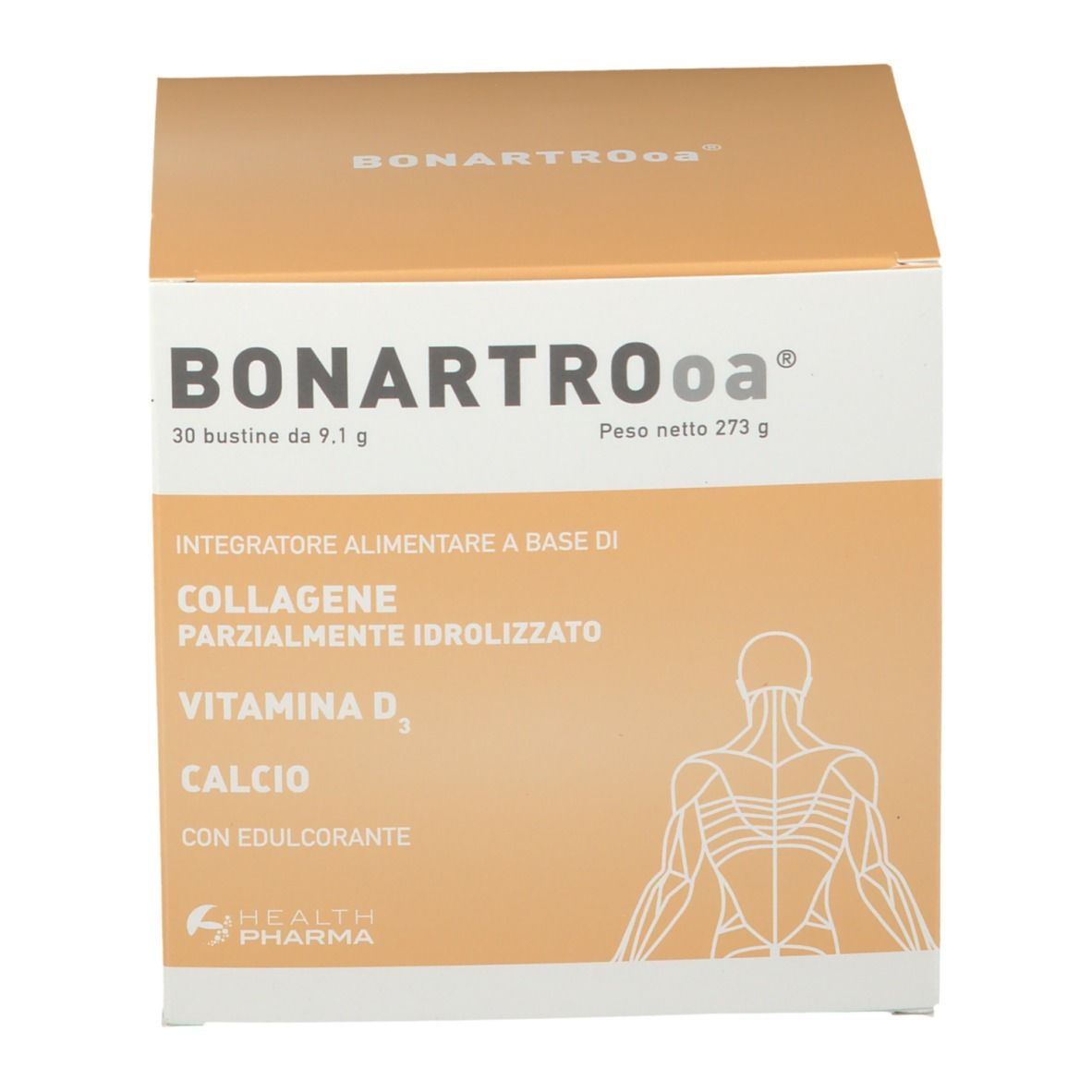 Scatola BONARTROoa® con 30 bustine. Scritte: COLLAGENE, VITAMINA D3, CALCIO. Logo sanitario.
