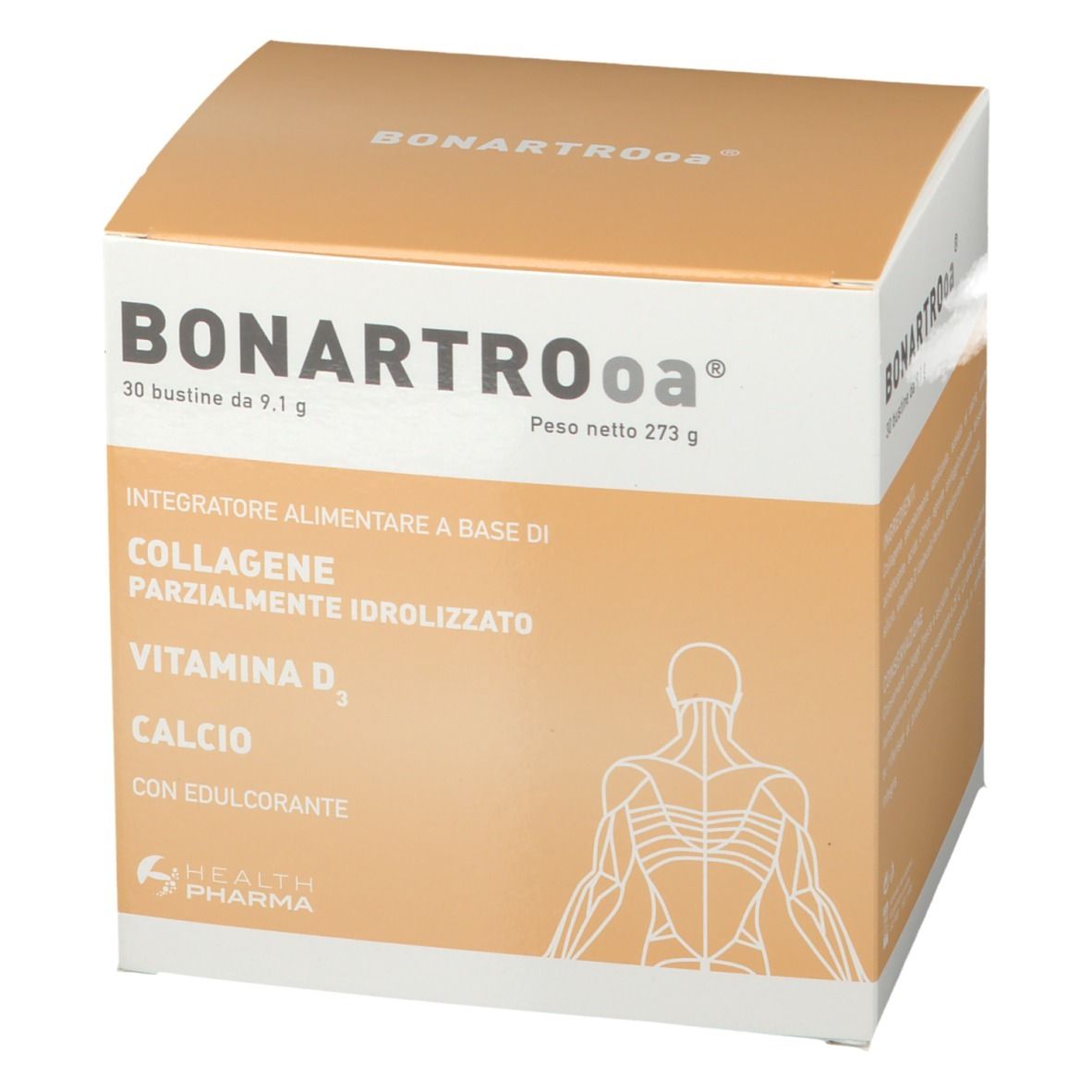 Scatola BONARTROoa® con 30 bustine. Scritte: COLLAGENE, VITAMINA D3, CALCIO. Logo sanitario.