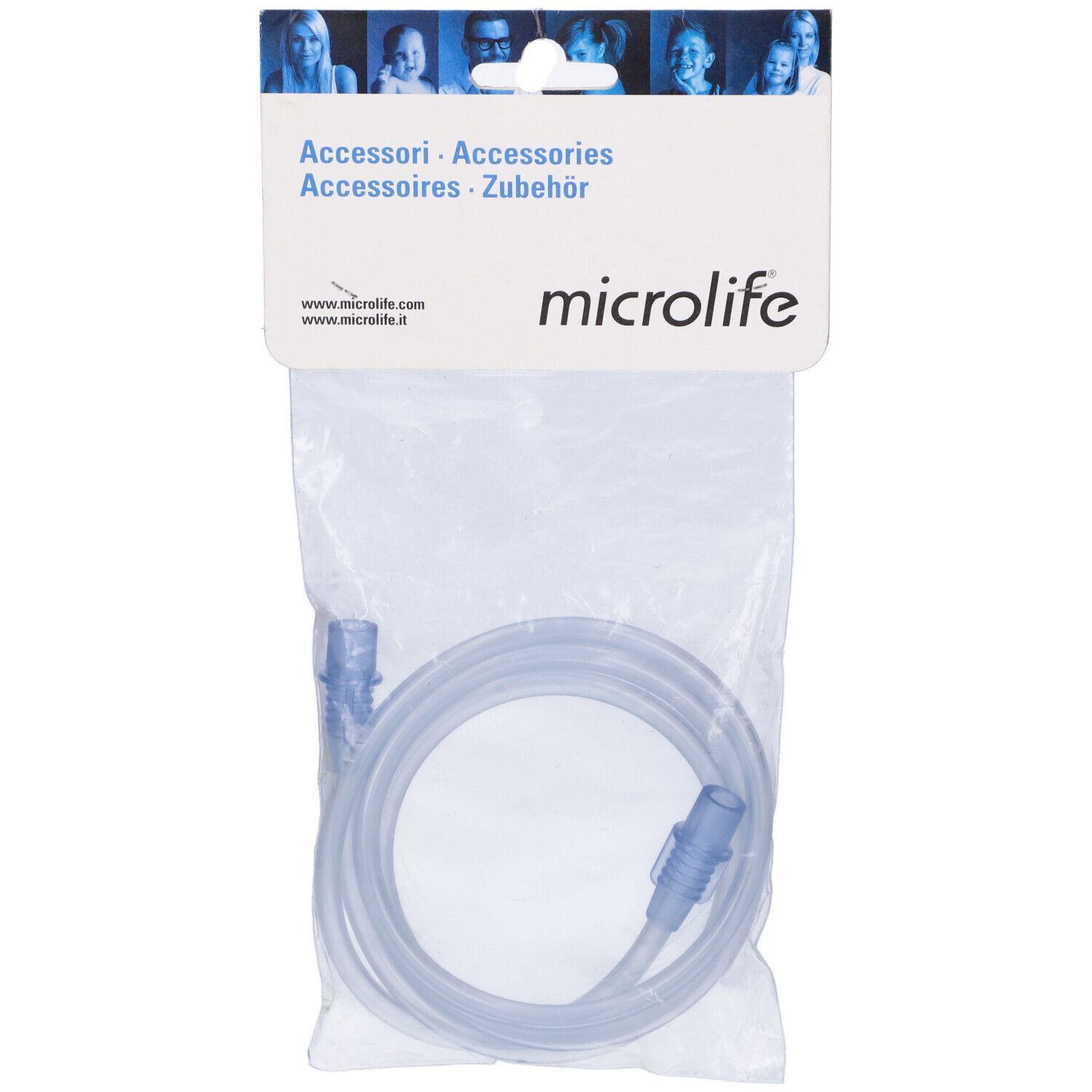 Confezione con tubo trasparente. Marchio Microlife. Linguetta per appendere con immagine di persone.