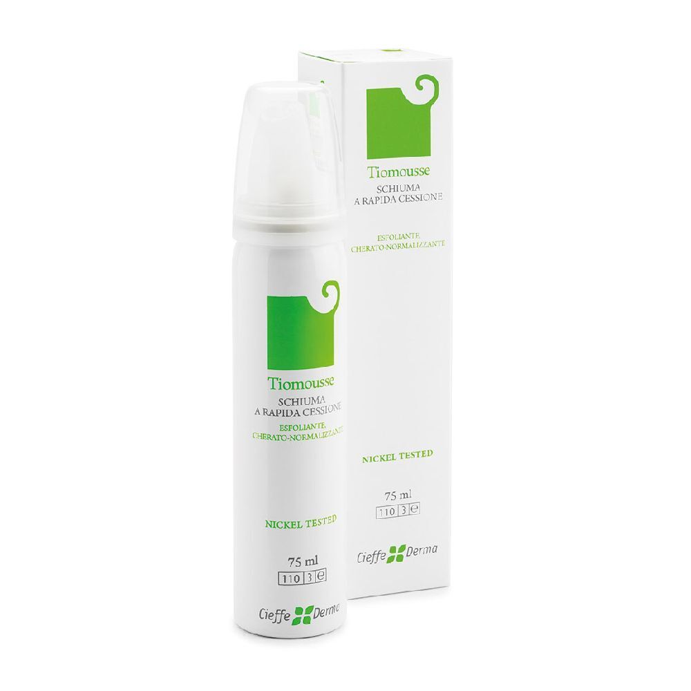 Flacone bianco con erogatore spray e scatola. Scritta: Tiomousse, 75 ml, Nickel Tested. Logo Cieffe Derma.