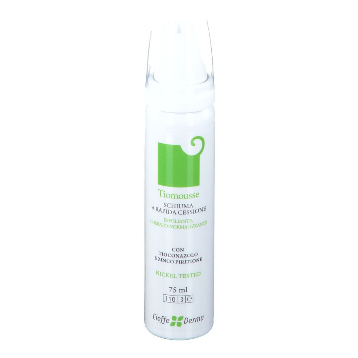 Flacone bianco con erogatore spray. Scritta: Tiomousse, 75 ml, Nickel Tested. Logo Cieffe Derma.