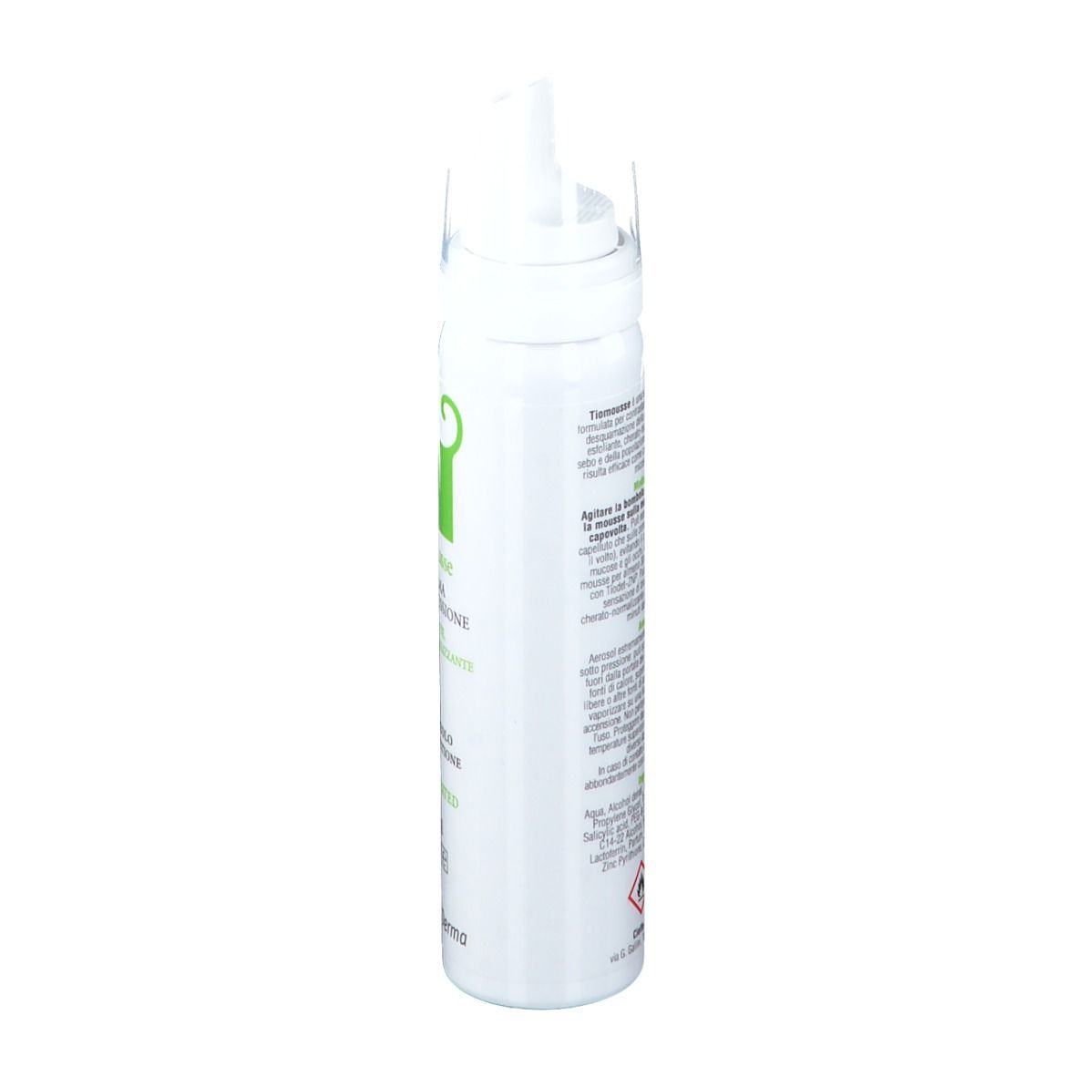 Flacone bianco con erogatore spray. Scritta: Tiomousse, ingredienti, avvertenze. Logo Cieffe Derma.
