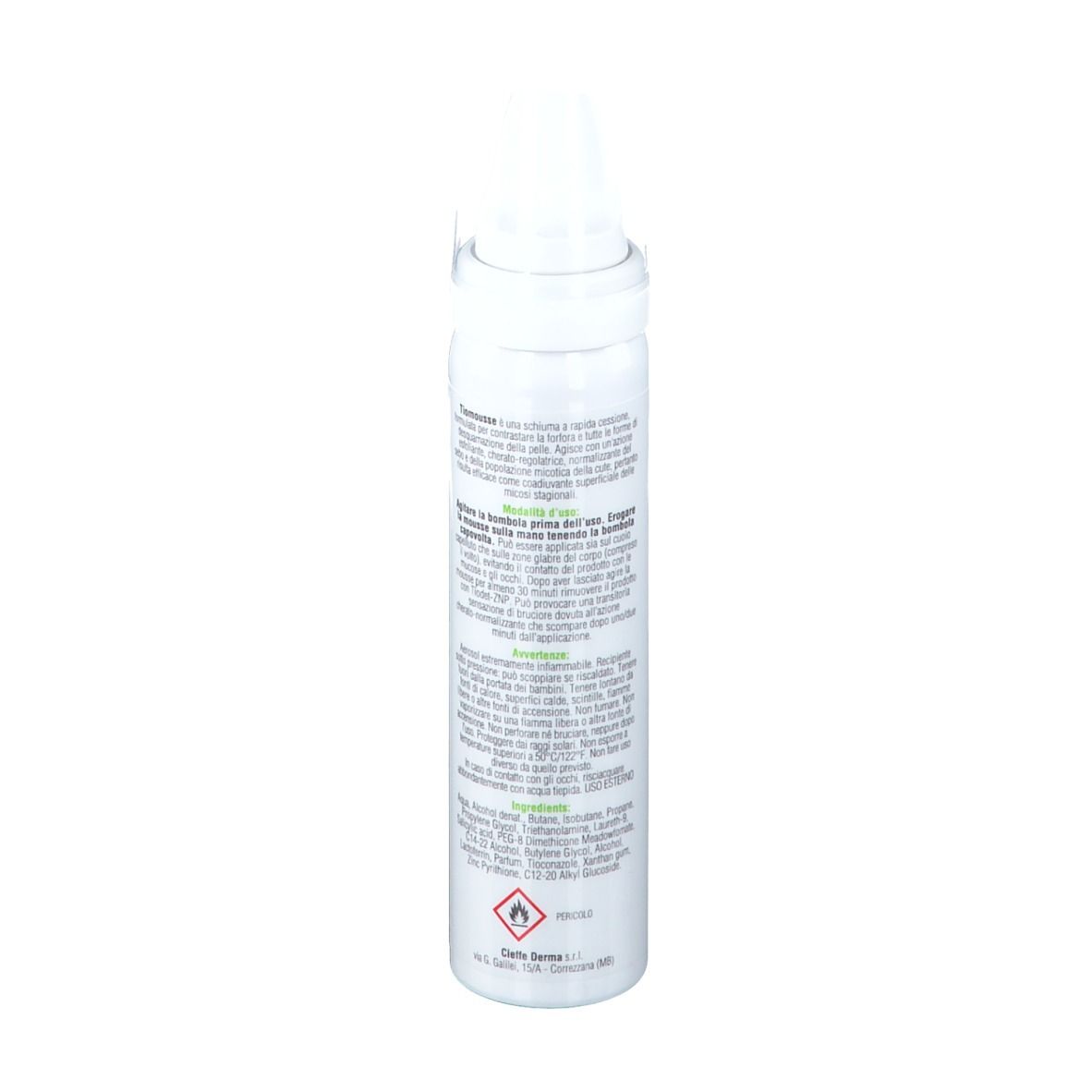 Flacone bianco con erogatore spray. Scritta: Tiomousse, ingredienti, avvertenze. Logo Cieffe Derma.