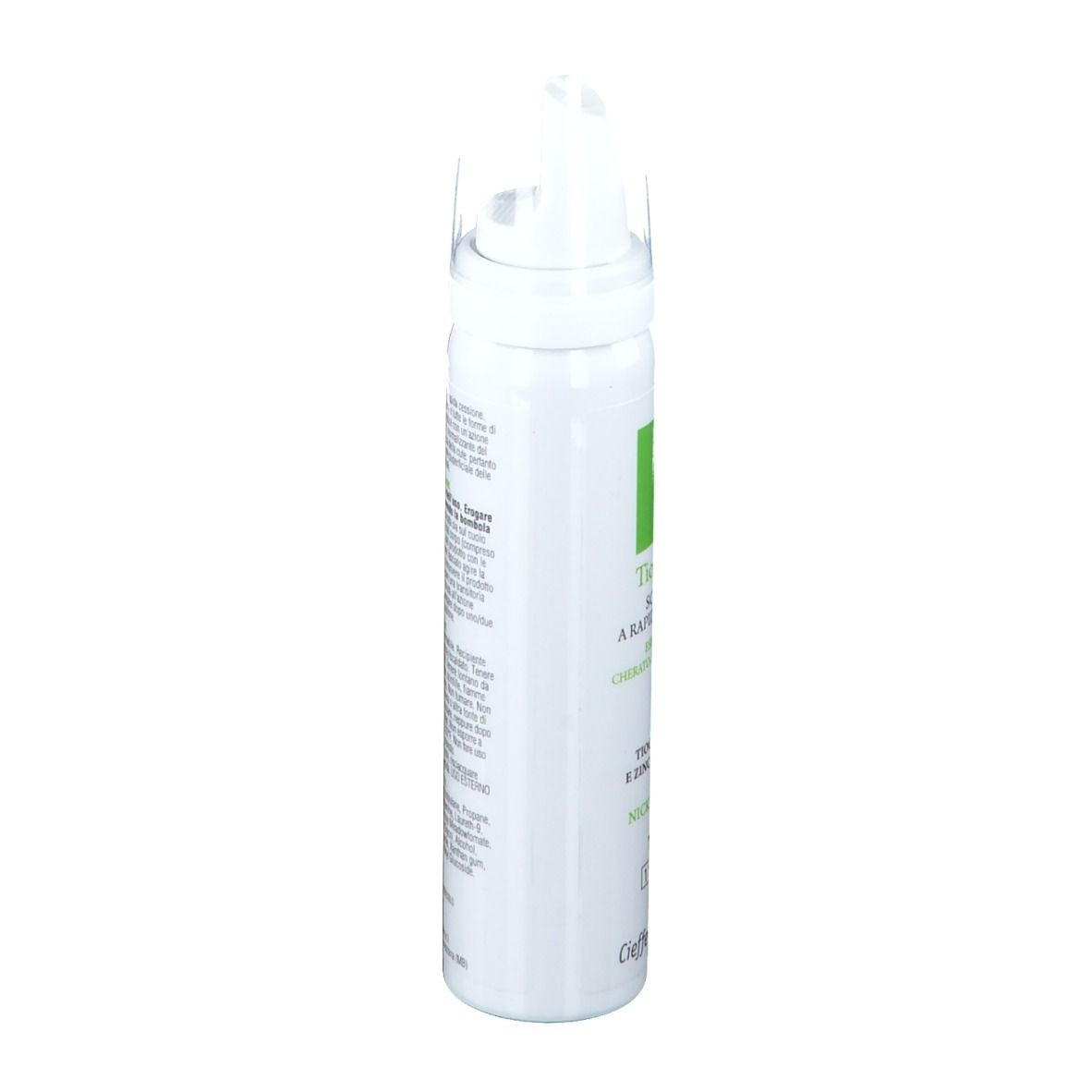 Flacone bianco con erogatore spray. Scritta: Tiomousse, ingredienti, avvertenze. Logo Cieffe Derma.