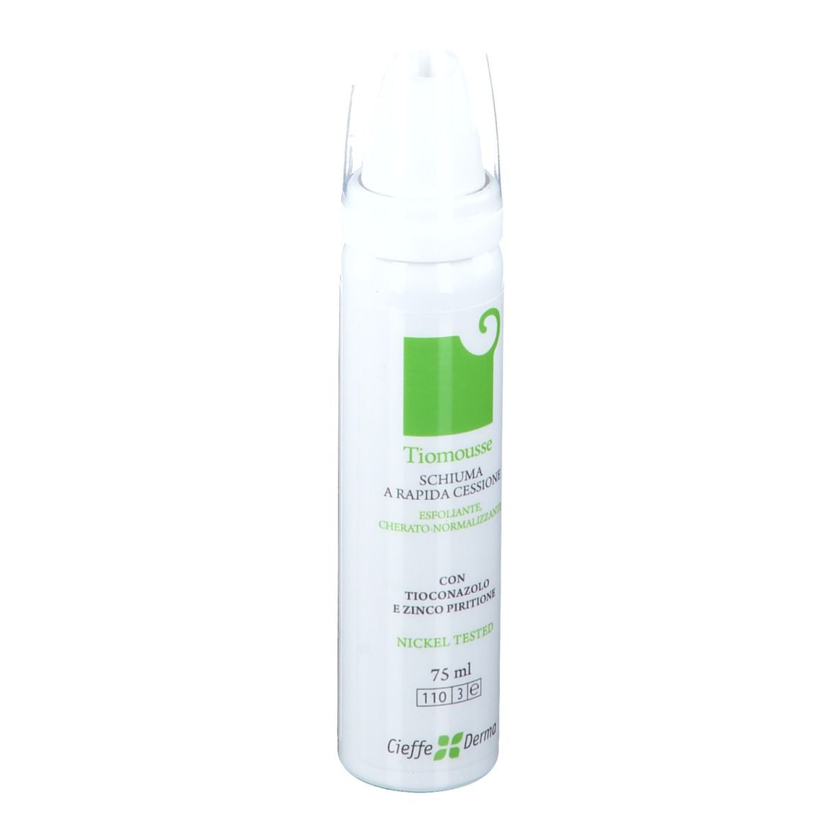 Flacone bianco con erogatore spray. Scritta: Tiomousse, 75 ml, Nickel Tested. Logo Cieffe Derma.