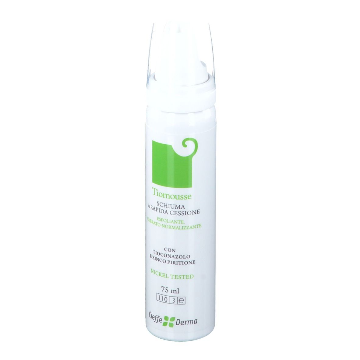 Flacone bianco con erogatore spray. Scritta: Tiomousse, 75 ml, Nickel Tested. Logo Cieffe Derma.
