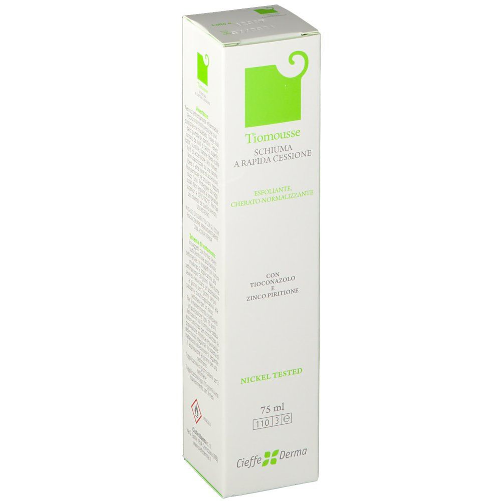 Confezione bianca del prodotto. Testo: Tiomousse, 75 ml, Nickel Tested. Logo Cieffe Derma. Design verde e bianco.