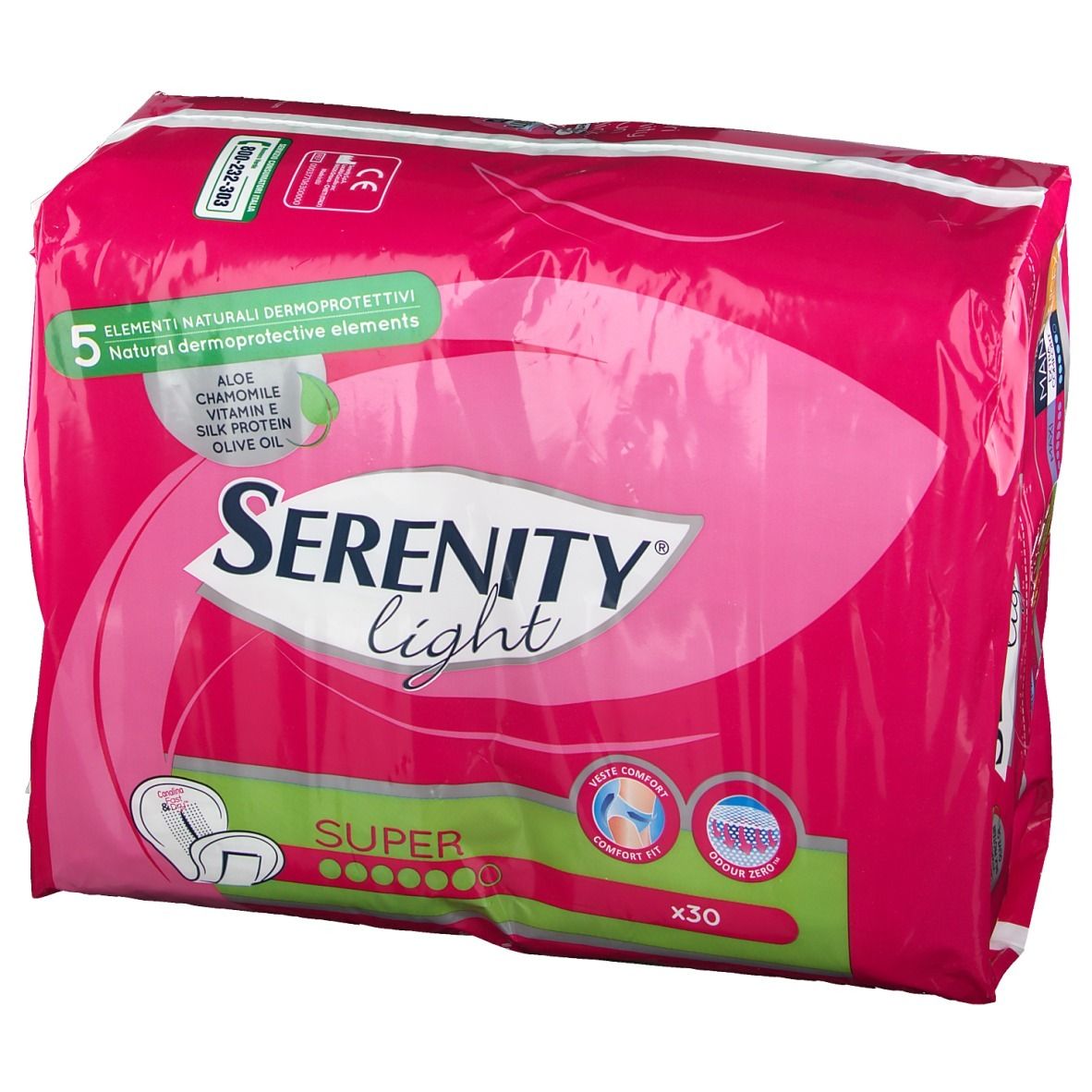 Verpackung Serenity Light Super Slipeinlagen, 30 Stück. Rosa und weiß.