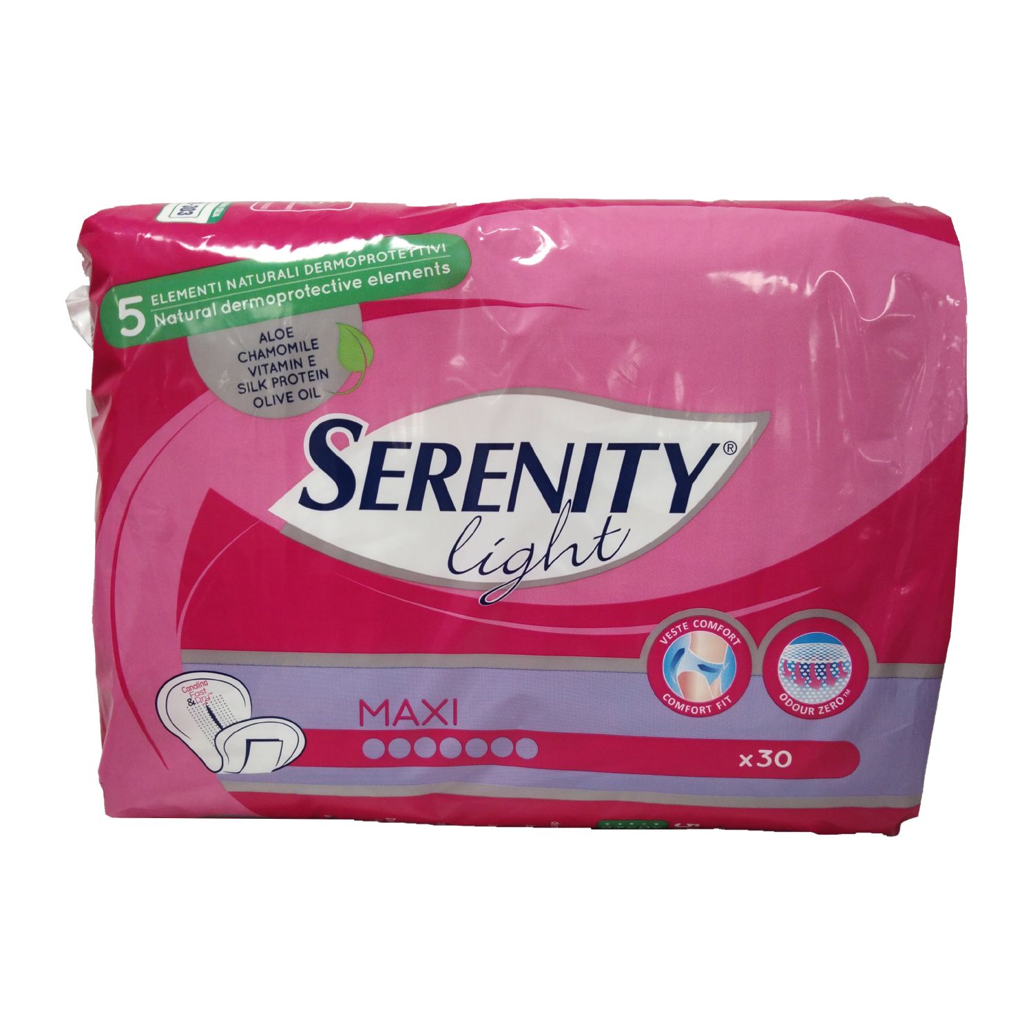 Serenity light MAXI. Rosa Verpackung mit Produktabbildung und Schriftzug. Enthält 30 Stück. Mit 5 natürlichen dermoprotektiven Elementen.