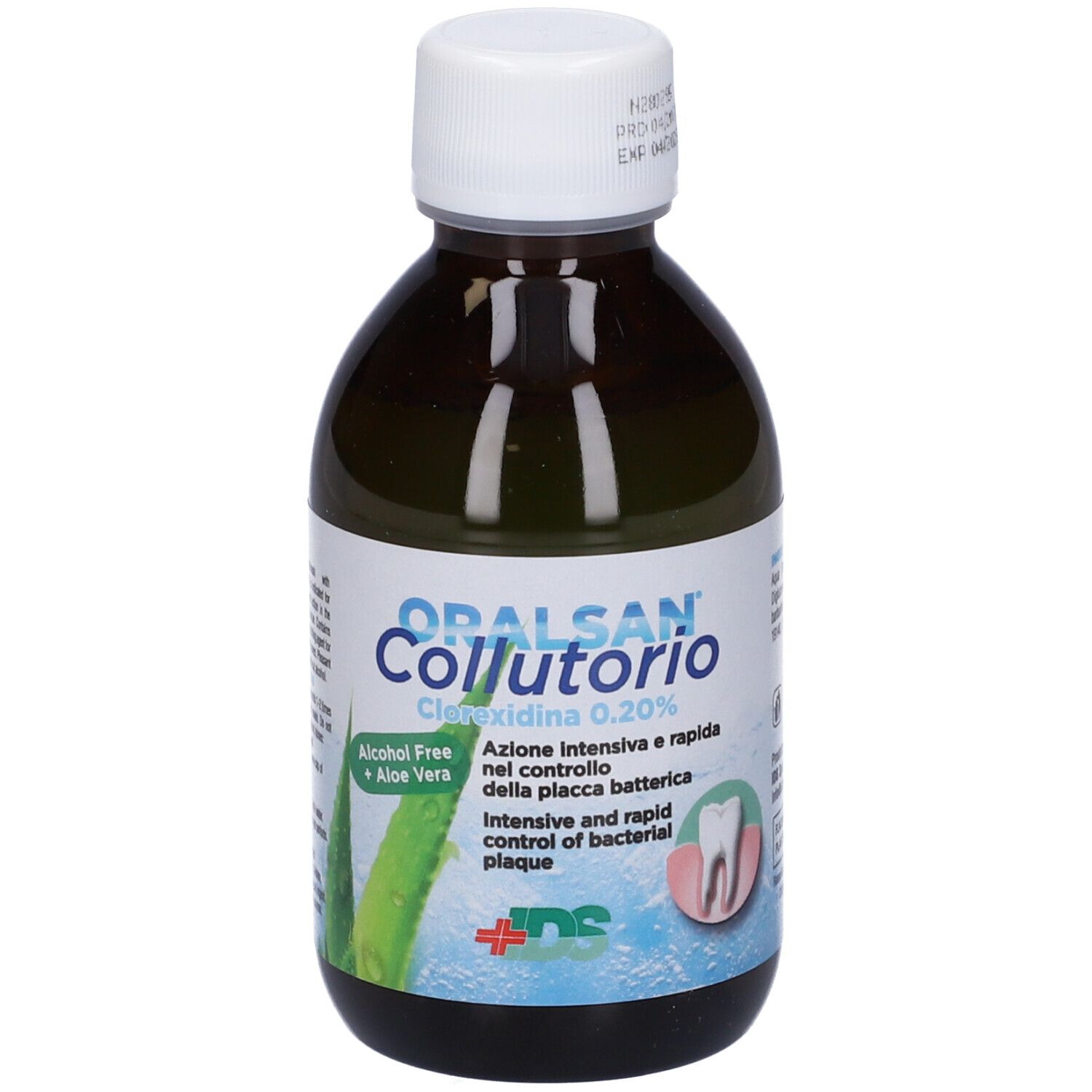 Flacone di collutorio. ORALSAN Collutorio, Clorexidina 0,20%. Con Aloe Vera, senza alcool. Flacone nero, tappo bianco.