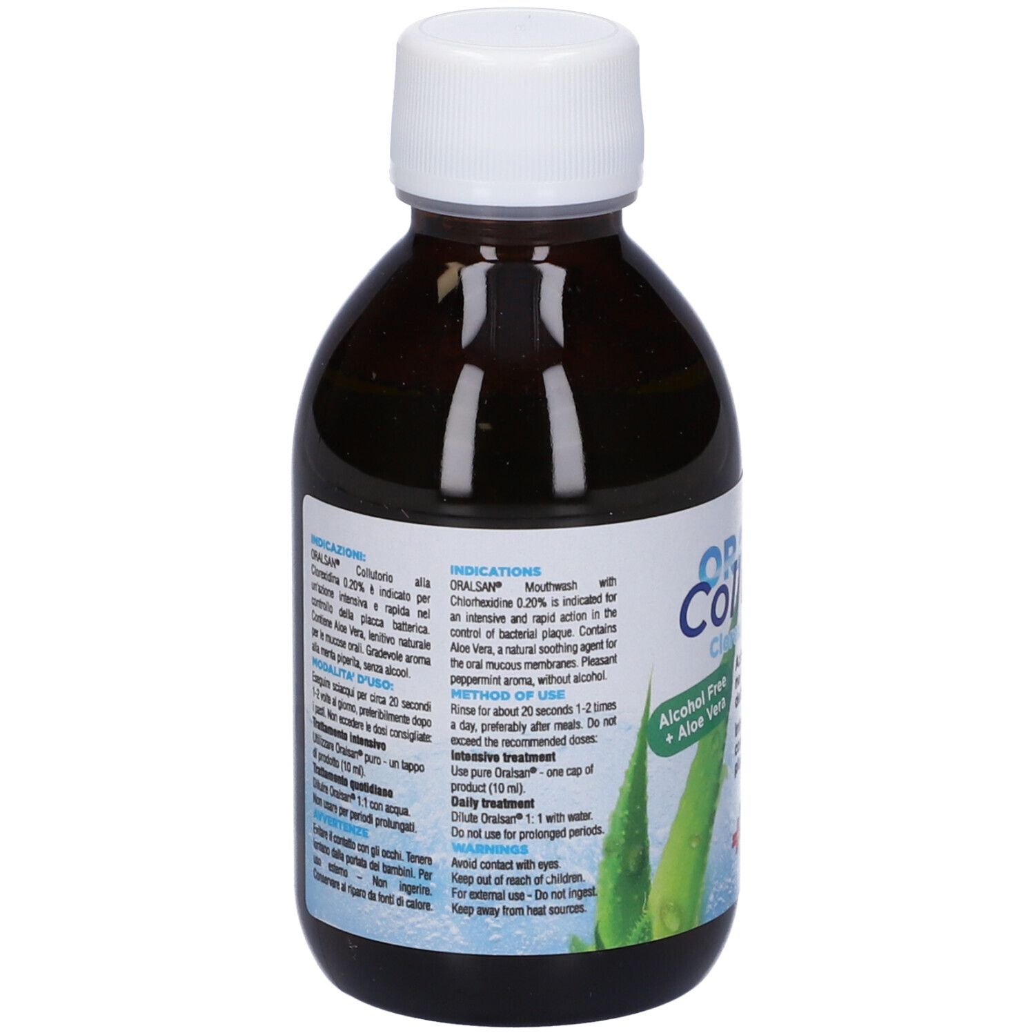 Flacone di collutorio. ORALSAN Collutorio, Clorexidina 0,20%. Con Aloe Vera, senza alcool. Flacone nero, tappo bianco.