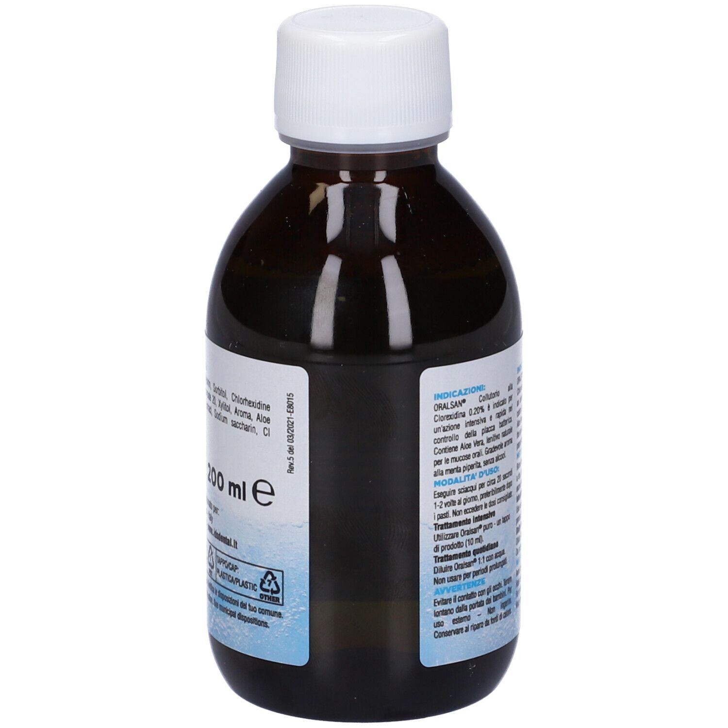 Flacone di collutorio. ORALSAN Collutorio, Clorexidina 0,20%. Con Aloe Vera, senza alcool. Flacone nero, tappo bianco.