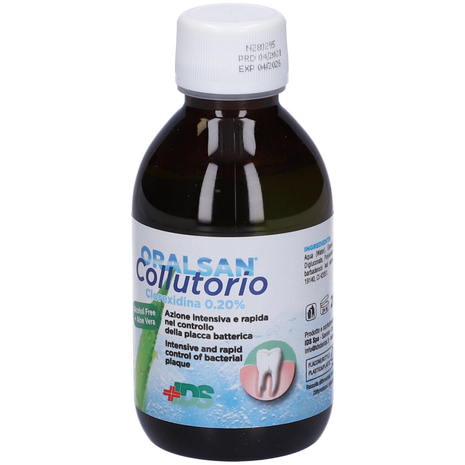 Flacone di collutorio. ORALSAN Collutorio, Clorexidina 0,20%. Con Aloe Vera, senza alcool. Flacone nero, tappo bianco.