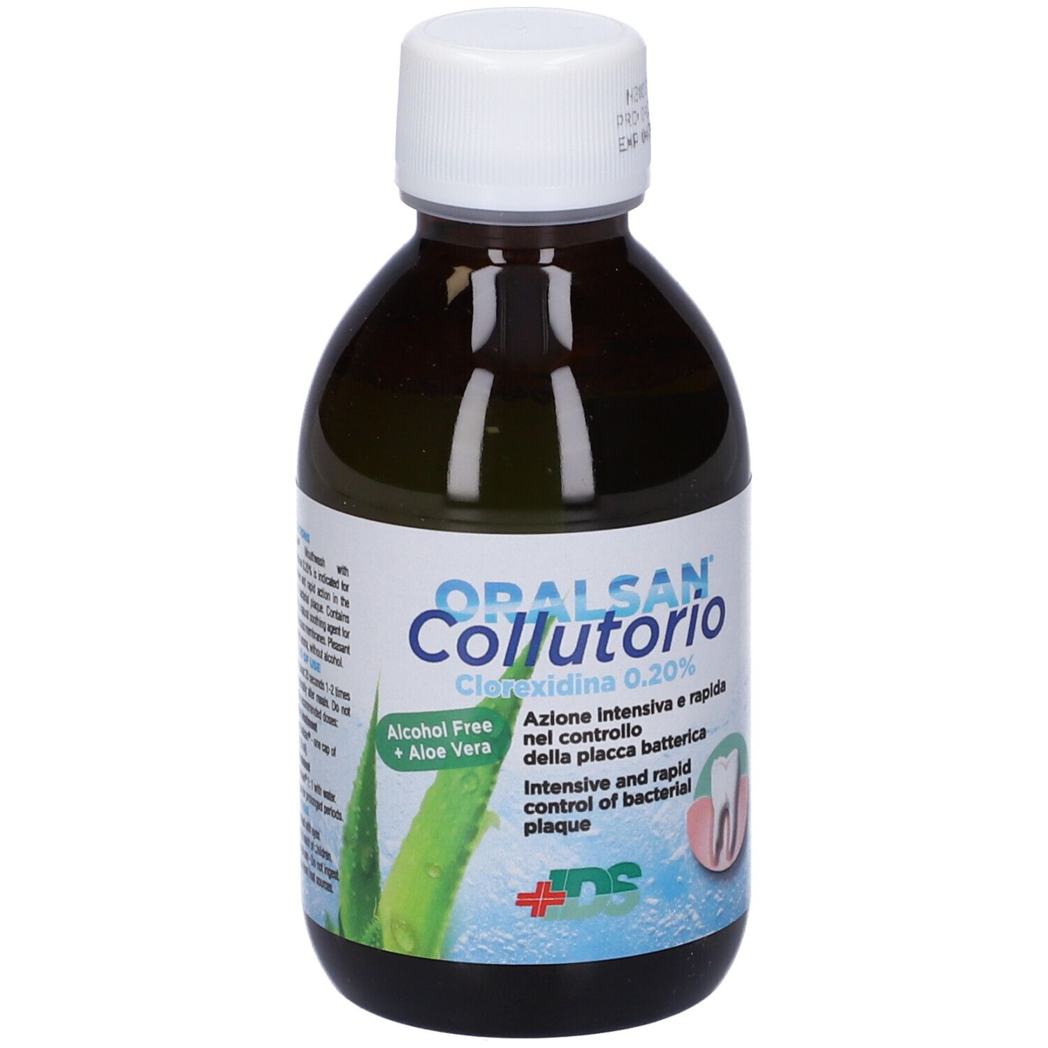 Flacone di collutorio. ORALSAN Collutorio, Clorexidina 0,20%. Con Aloe Vera, senza alcool. Flacone nero, tappo bianco.