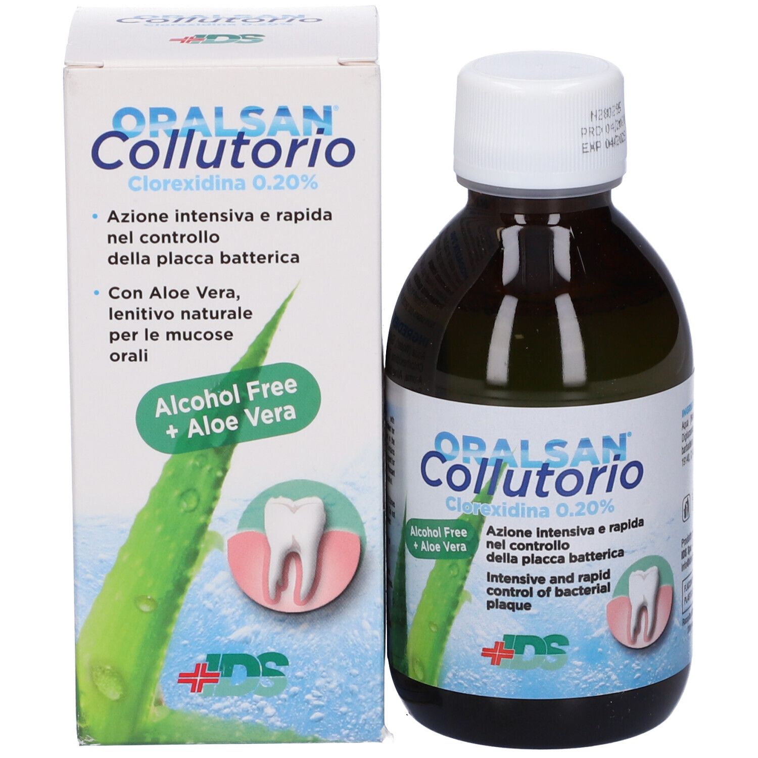 Collutorio e confezione. ORALSAN Collutorio, Clorexidina 0,20%. Con Aloe Vera, senza alcool. Scatola bianca.