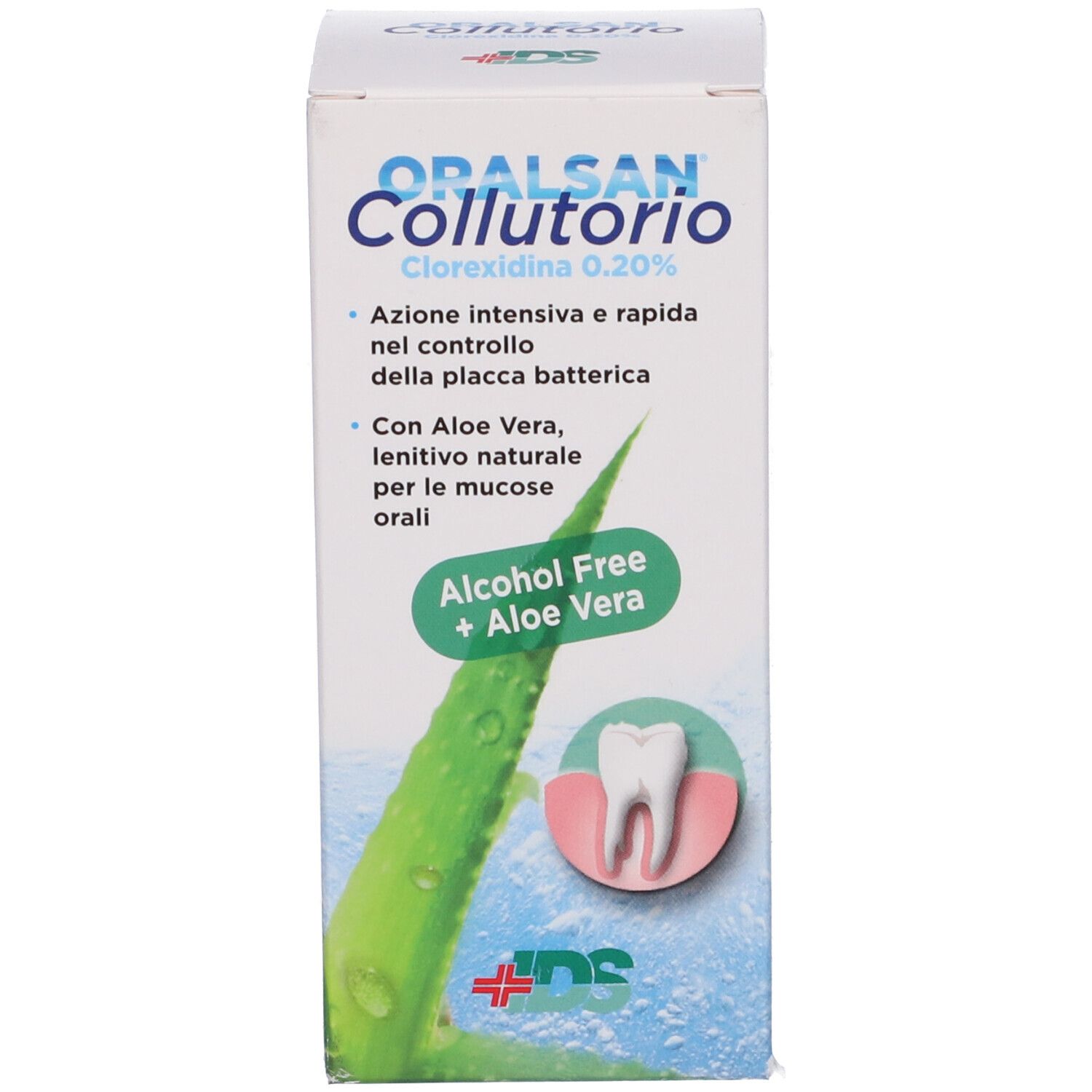 Confezione. ORALSAN Collutorio, Clorexidina 0,20%. Con Aloe Vera, senza alcool. Scatola bianca con immagine del prodotto.