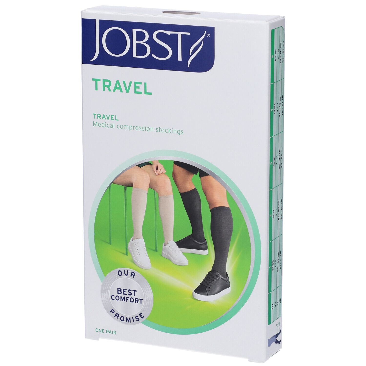 Jobst Travel Kompressionsstrümpfe, Verpackung. Aufdruck: Travel, Medical compression stockings. Abbildung: Beine mit Strümpfen.