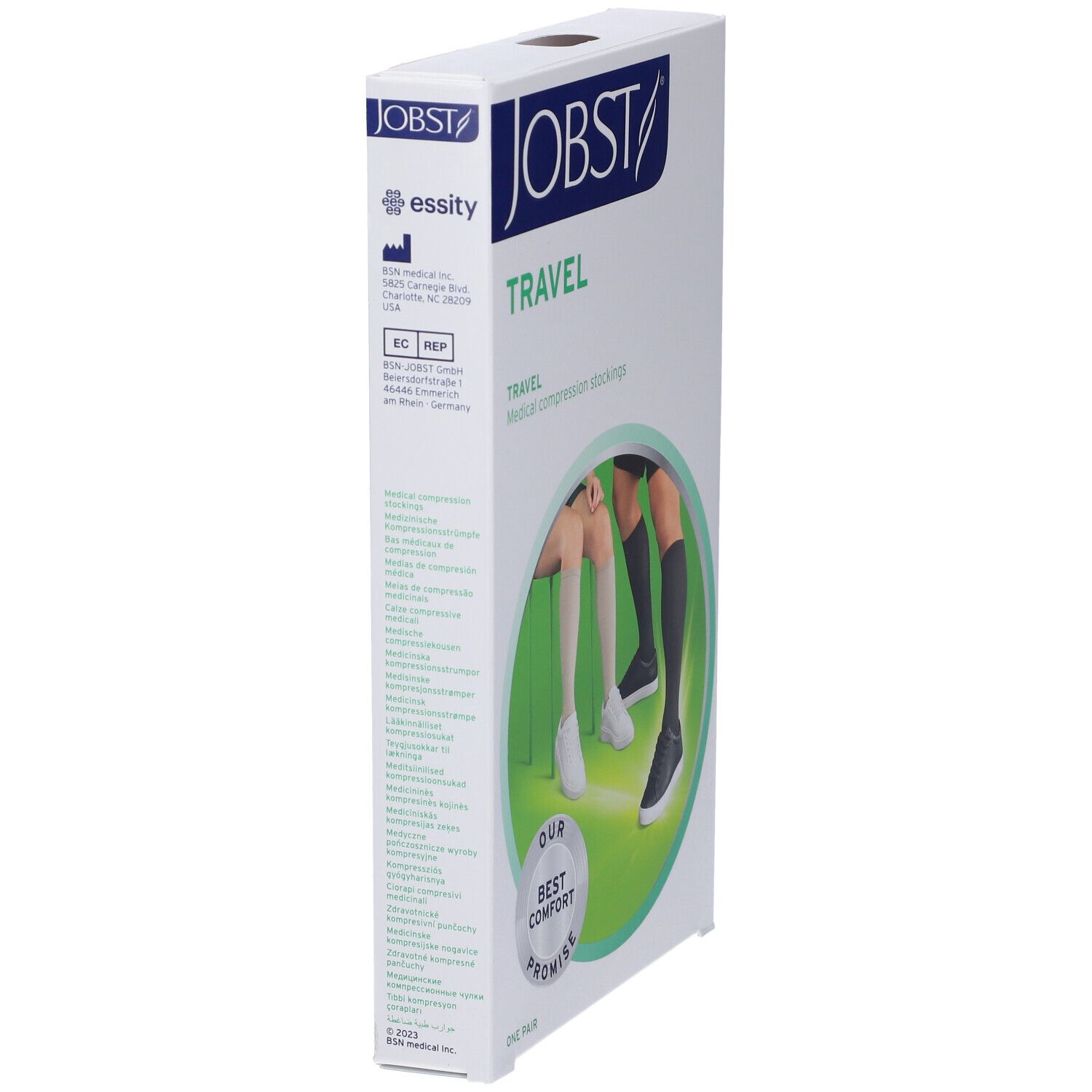 Jobst Travel Kompressionsstrümpfe, Verpackung. Aufdruck: Travel, Medical compression stockings. Abbildung: Beine mit Strümpfen.